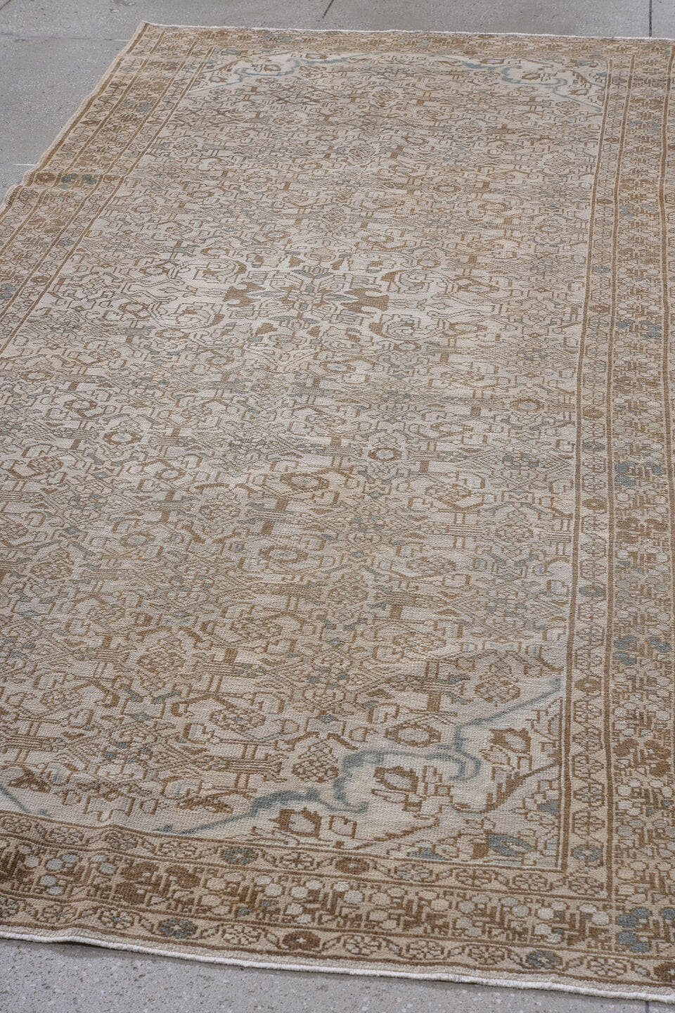 5' x 11' one-of-a-kind handmade antique Hamadan runner rug. Color palette: ivory, taupe, camel, brown, pale_blue, beige