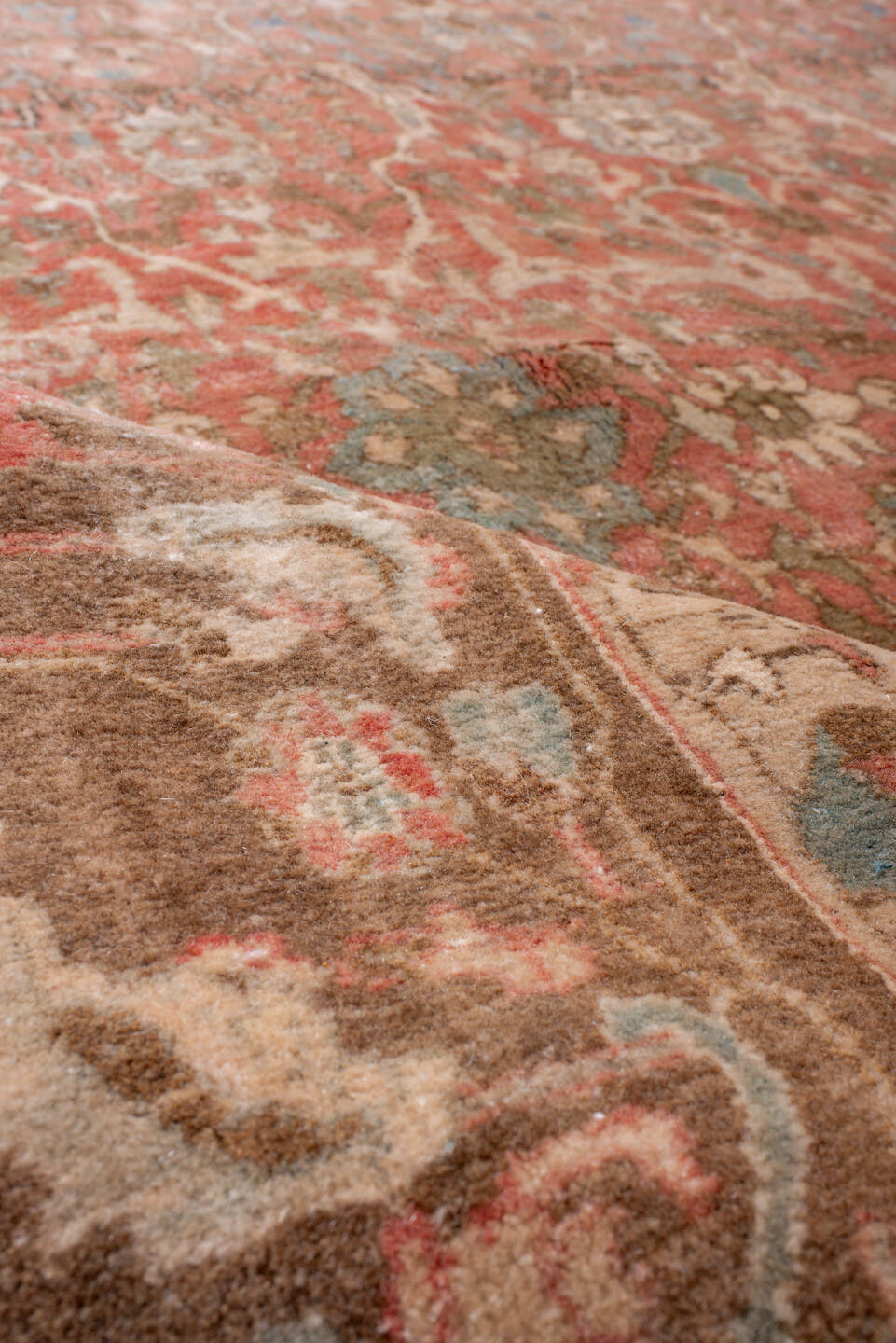 7' x 10' one-of-a-kind handmade antique Bidjar large size rug. Color palette: rose, terra cotta, taupe, ivory, brown, sage