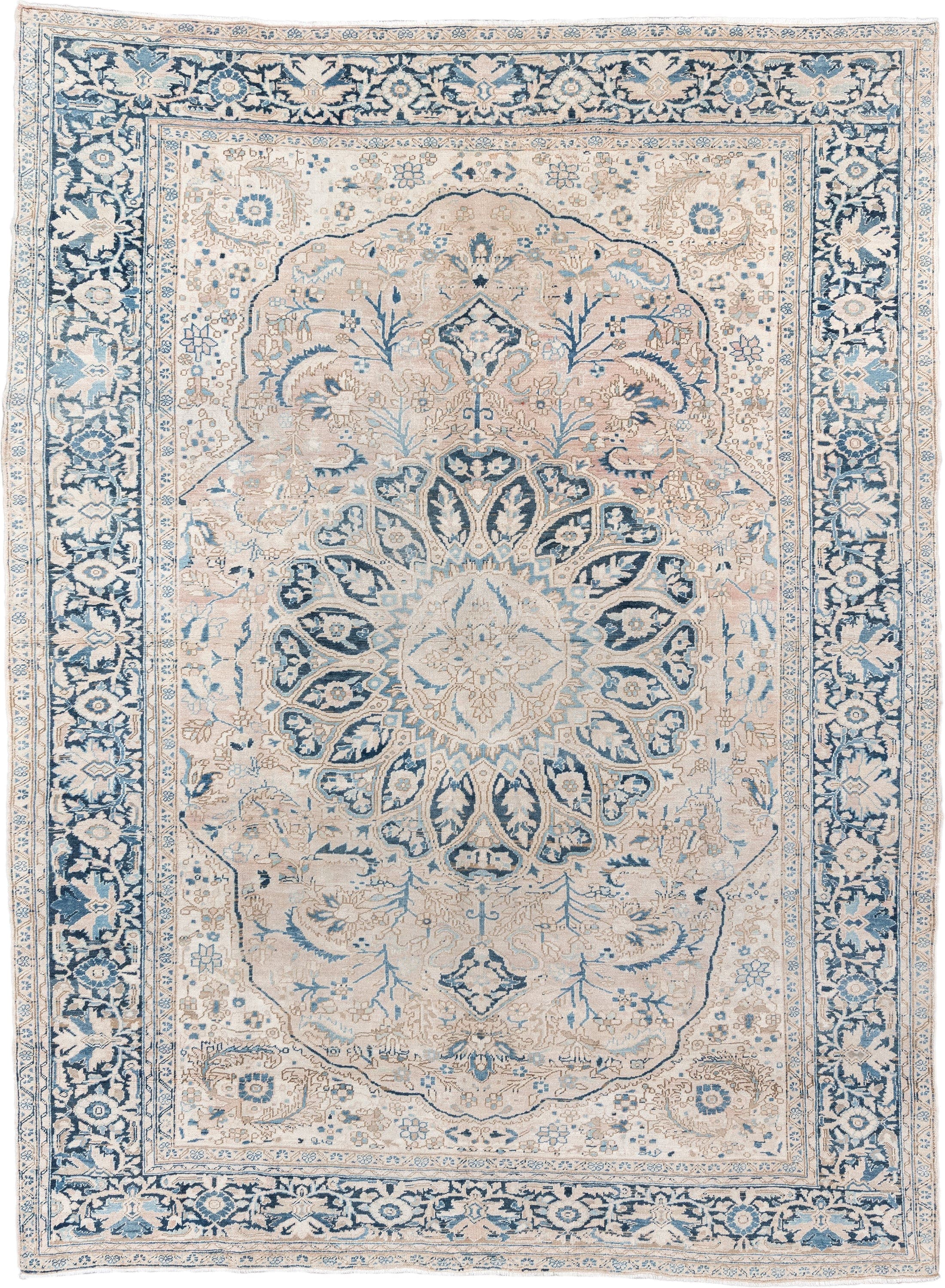 9' x 12' one-of-a-kind handmade vintage Heriz large size rug. Color palette: ivory, powder blue, navy, taupe, beige
