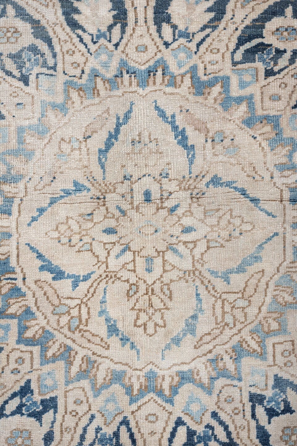 9' x 12' one-of-a-kind handmade vintage Heriz large size rug. Color palette: ivory, powder blue, navy, taupe, beige