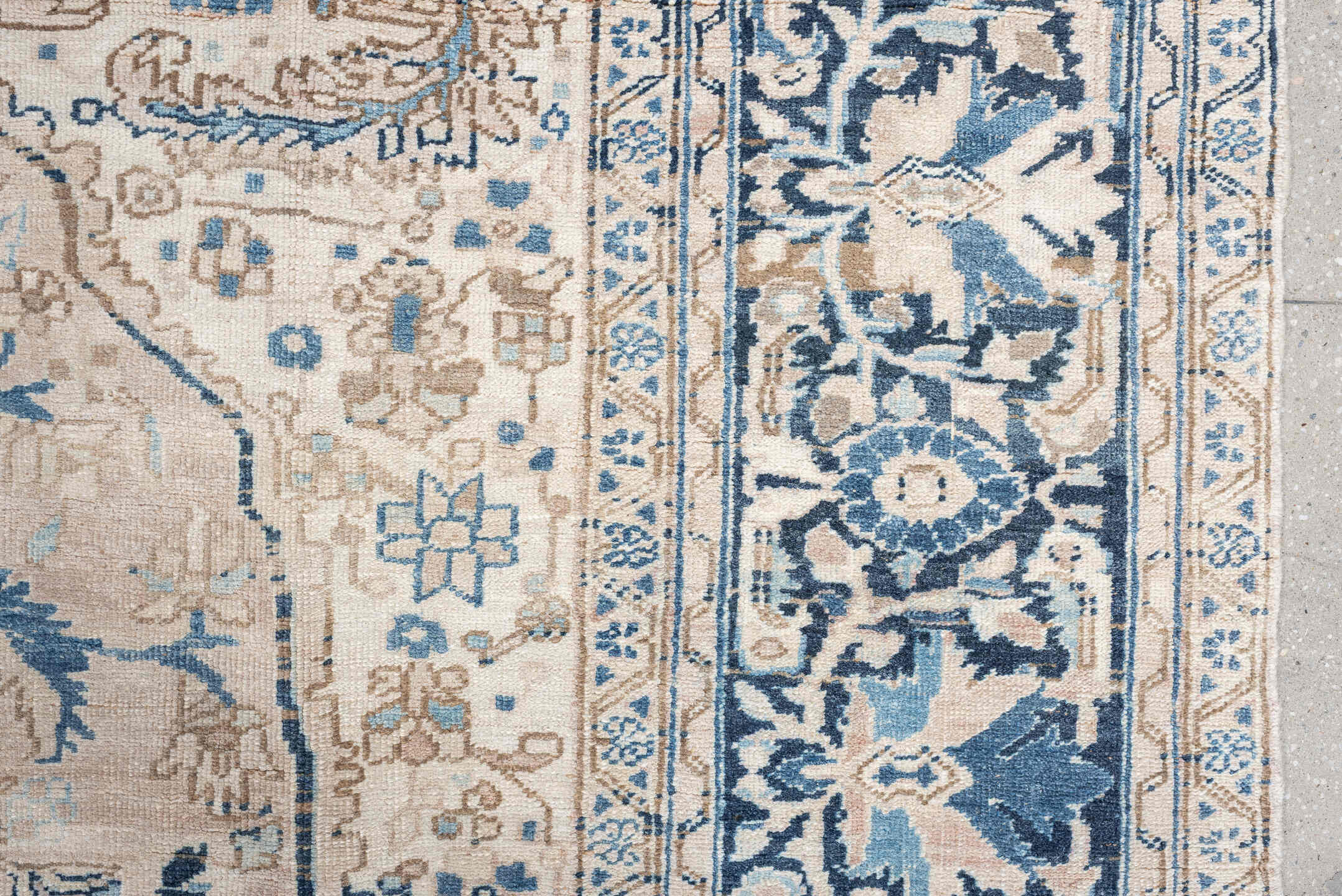 9' x 12' one-of-a-kind handmade vintage Heriz large size rug. Color palette: ivory, powder blue, navy, taupe, beige