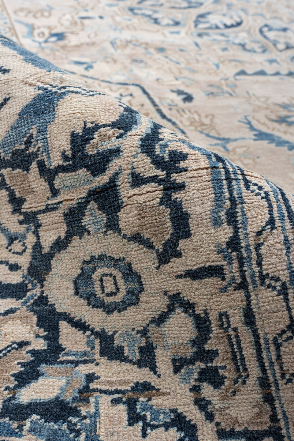 9' x 12' one-of-a-kind handmade vintage Heriz large size rug. Color palette: ivory, powder blue, navy, taupe, beige