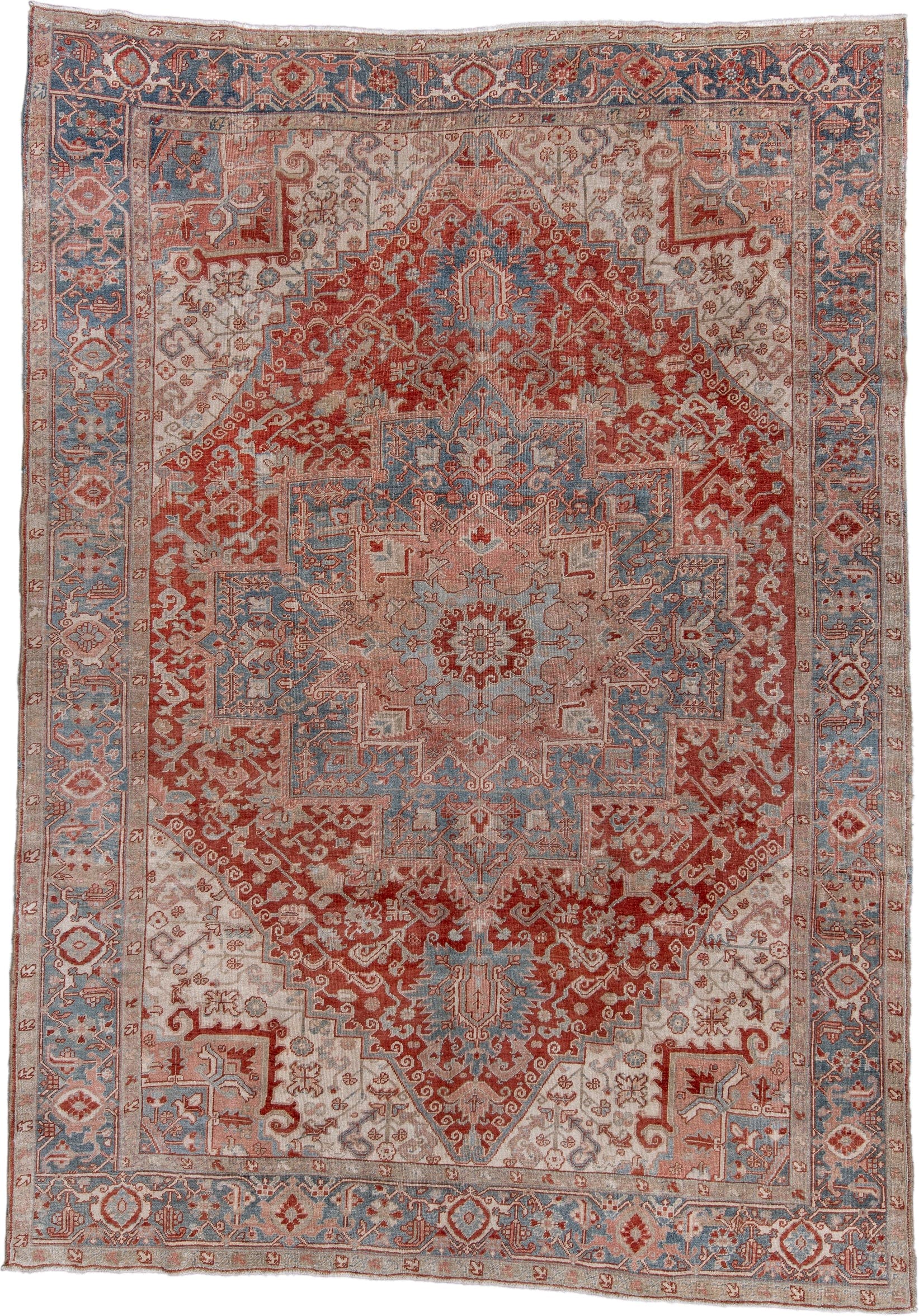 8' x 11' one-of-a-kind handmade antique Heriz large size rug. Color palette: ivory, rust, sky blue, blush, terra cotta