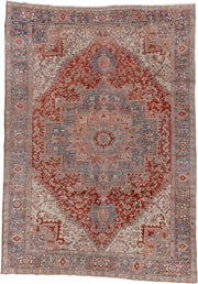 8' x 11' one-of-a-kind handmade antique Heriz large size rug. Color palette: ivory, rust, sky blue, blush, terra cotta