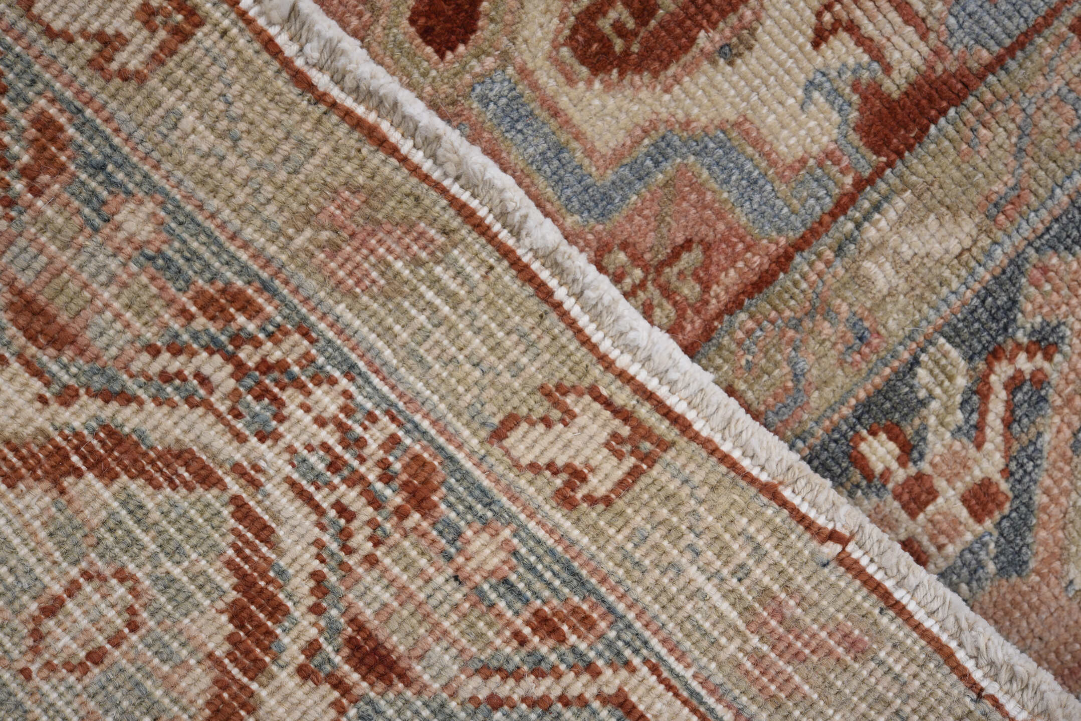 8' x 11' one-of-a-kind handmade antique Heriz large size rug. Color palette: ivory, rust, sky blue, blush, terra cotta