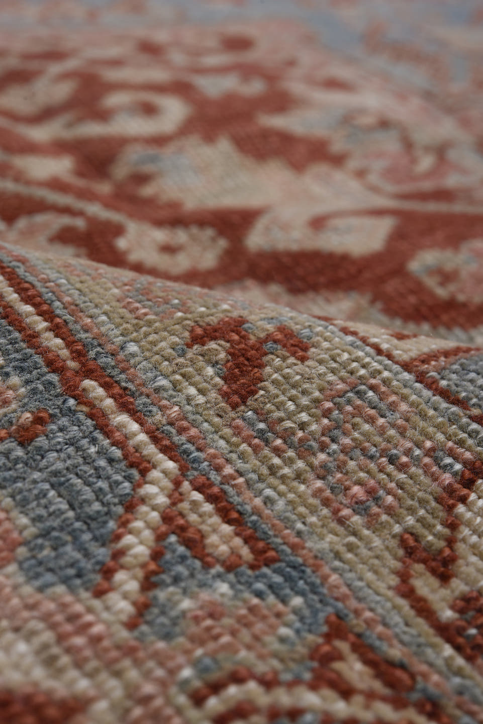 8' x 11' one-of-a-kind handmade antique Heriz large size rug. Color palette: ivory, rust, sky blue, blush, terra cotta