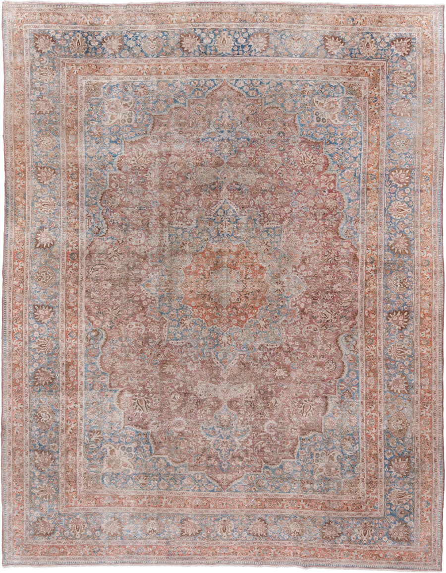 10' x 13' one-of-a-kind handmade vintage Meshed large size rug. Color palette: rose, sky blue, ivory, terra cotta, taupe