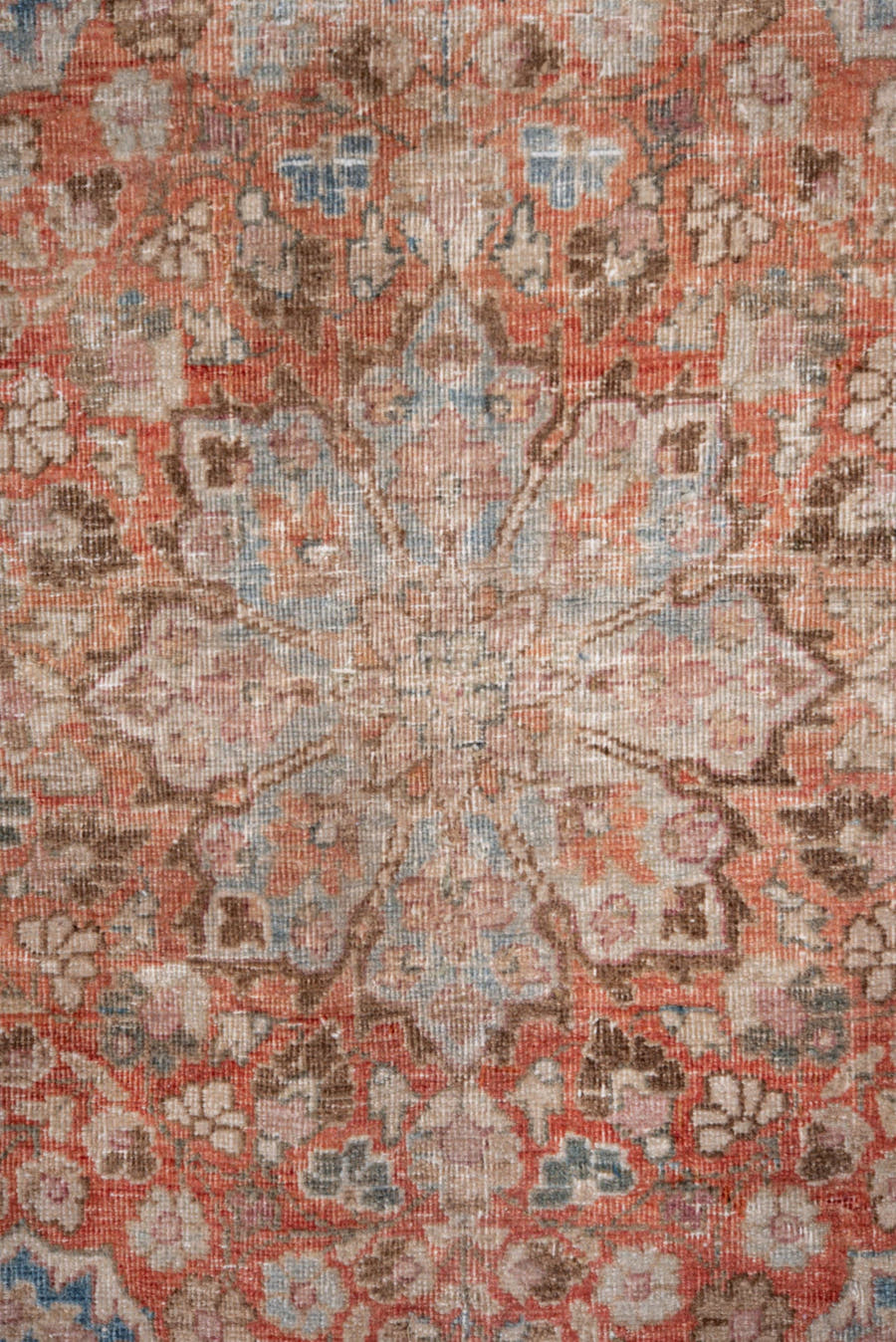 10' x 13' one-of-a-kind handmade vintage Meshed large size rug. Color palette: rose, sky blue, ivory, terra cotta, taupe