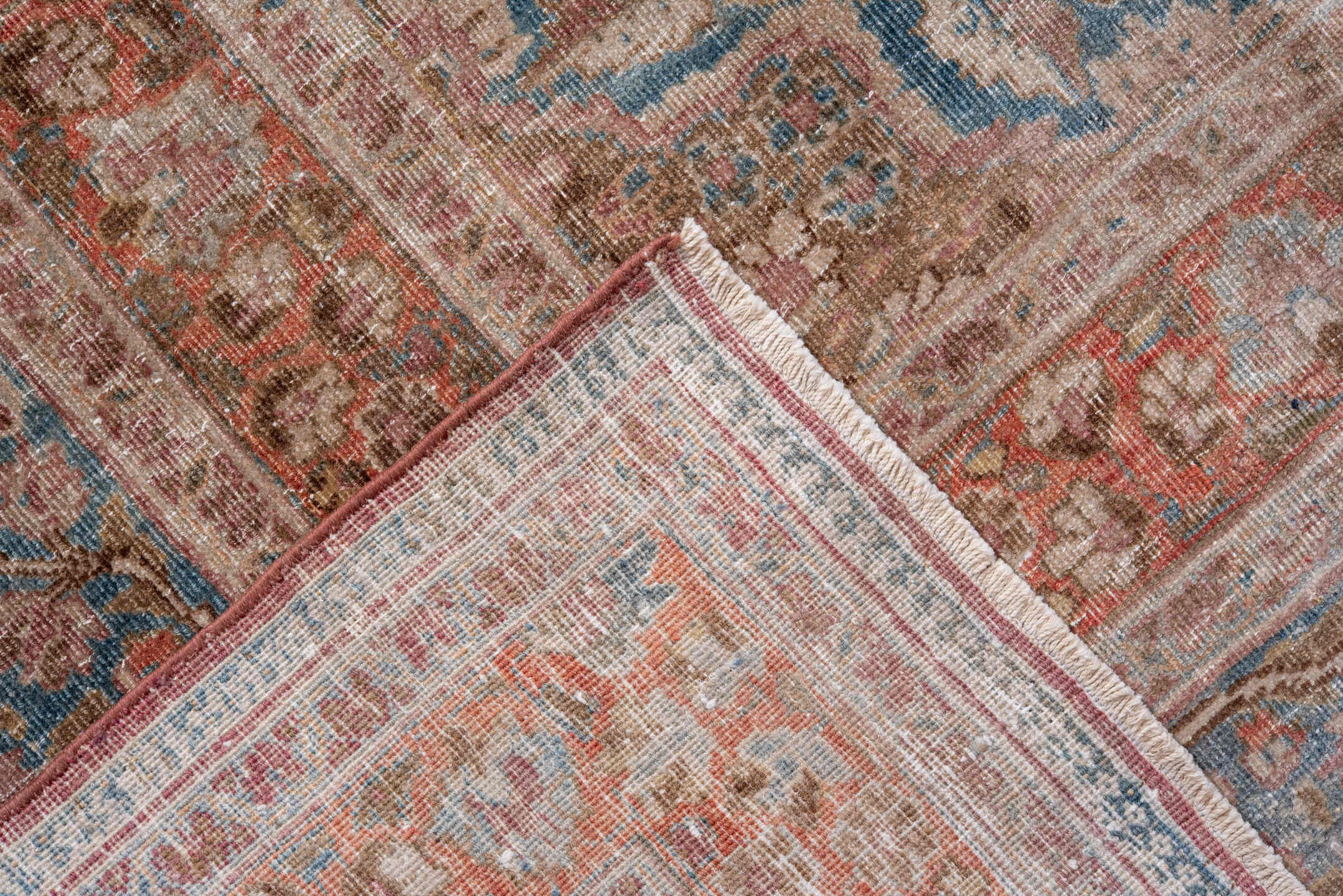 10' x 13' one-of-a-kind handmade vintage Meshed large size rug. Color palette: rose, sky blue, ivory, terra cotta, taupe