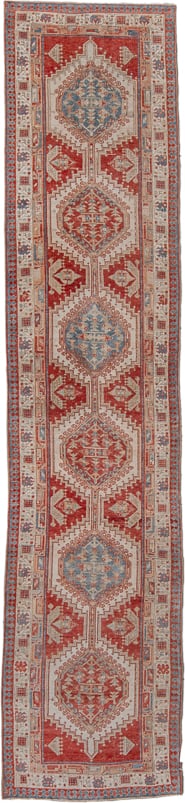 3' x 14' one-of-a-kind handmade antique Sarab runner rug. Color palette: rust, ivory, sky_blue, brick, camel, taupe
