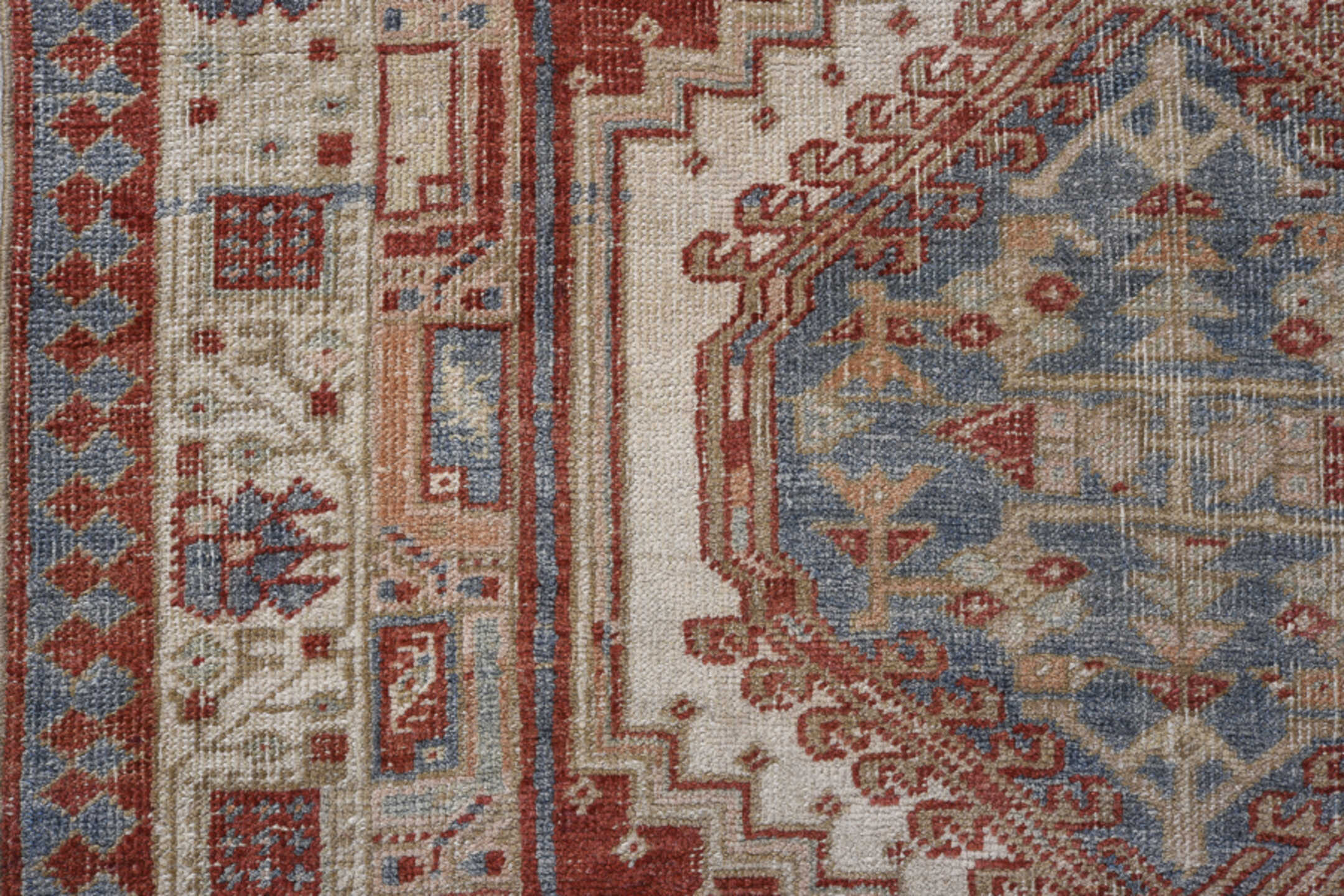 3' x 14' one-of-a-kind handmade antique Sarab runner rug. Color palette: rust, ivory, sky_blue, brick, camel, taupe
