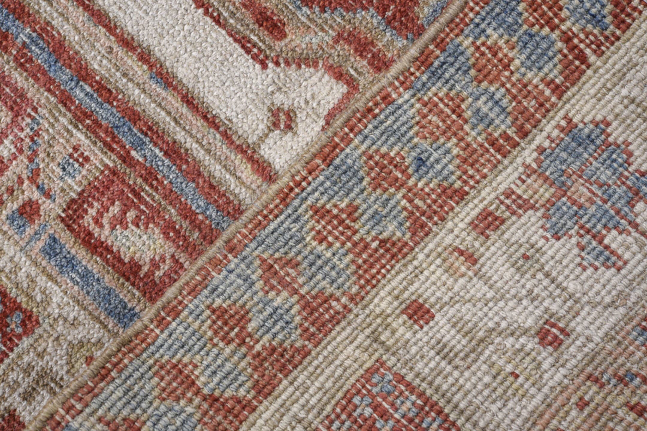 3' x 14' one-of-a-kind handmade antique Sarab runner rug. Color palette: rust, ivory, sky_blue, brick, camel, taupe