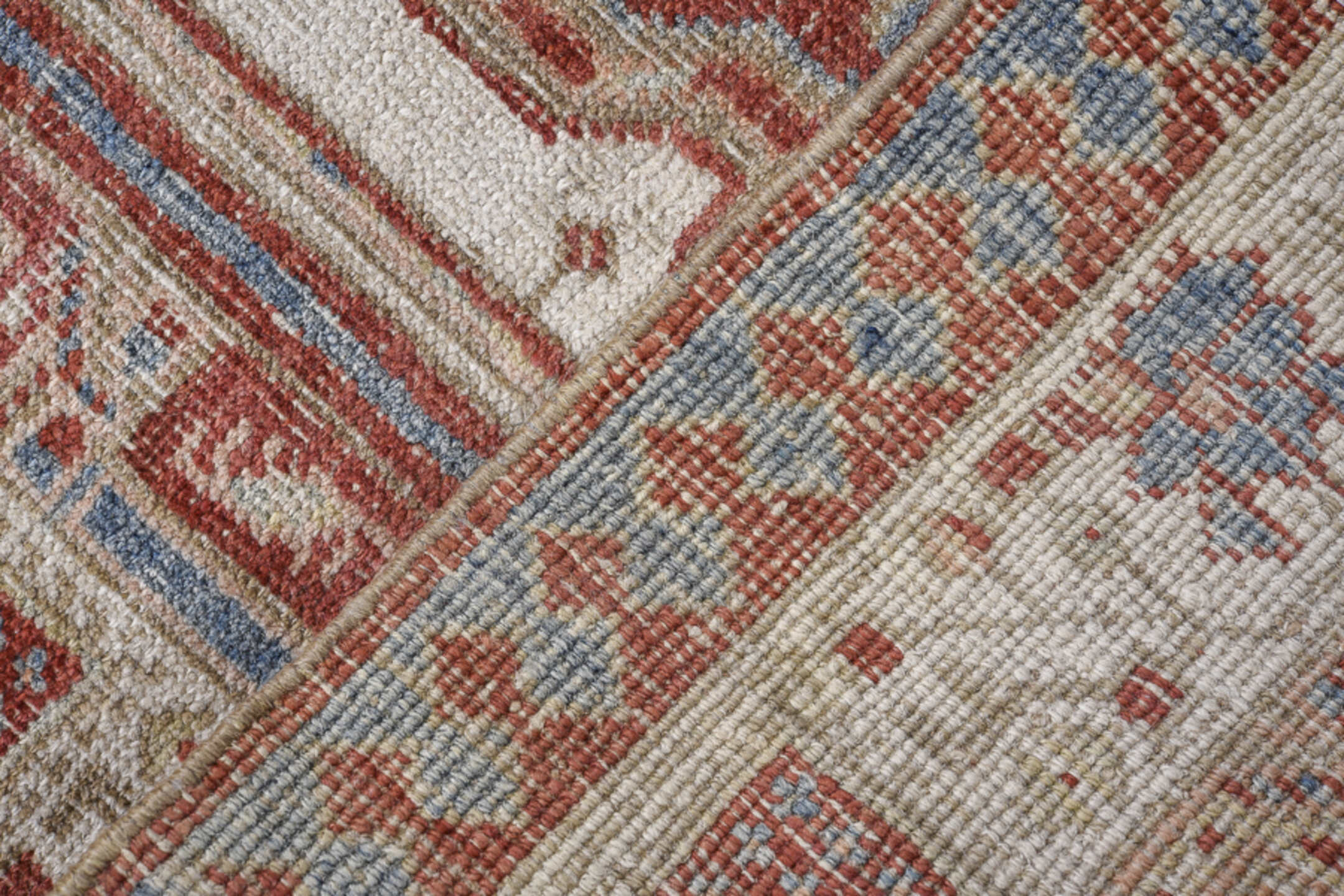 3' x 14' one-of-a-kind handmade antique Sarab runner rug. Color palette: rust, ivory, sky_blue, brick, camel, taupe