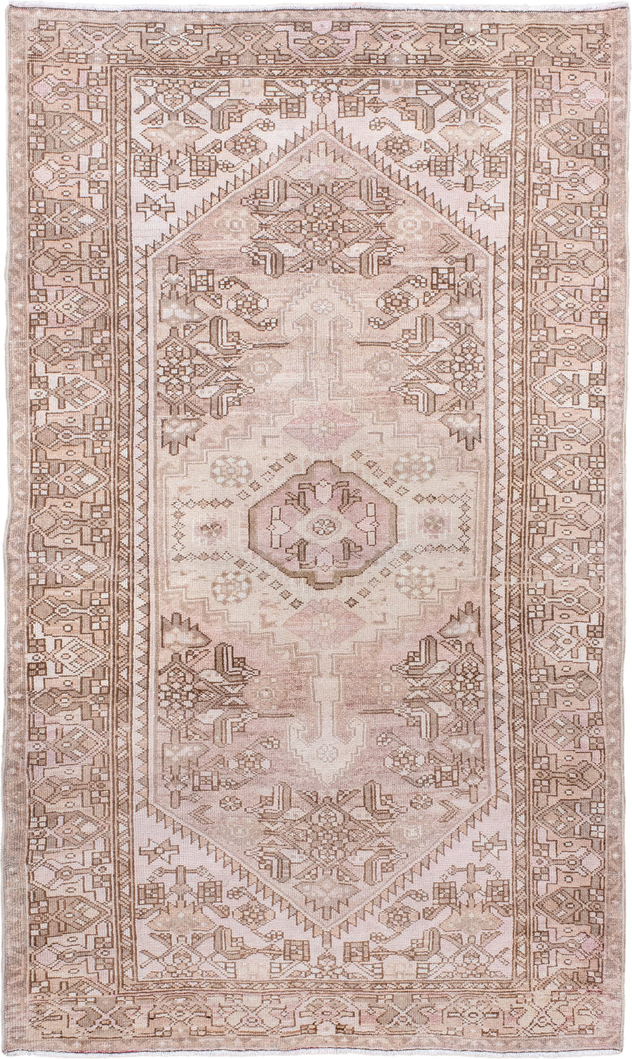 4' x 6' one-of-a-kind handmade antique Hamadan small size rug. Color palette: blush, ivory, taupe, camel, rose, beige, brown