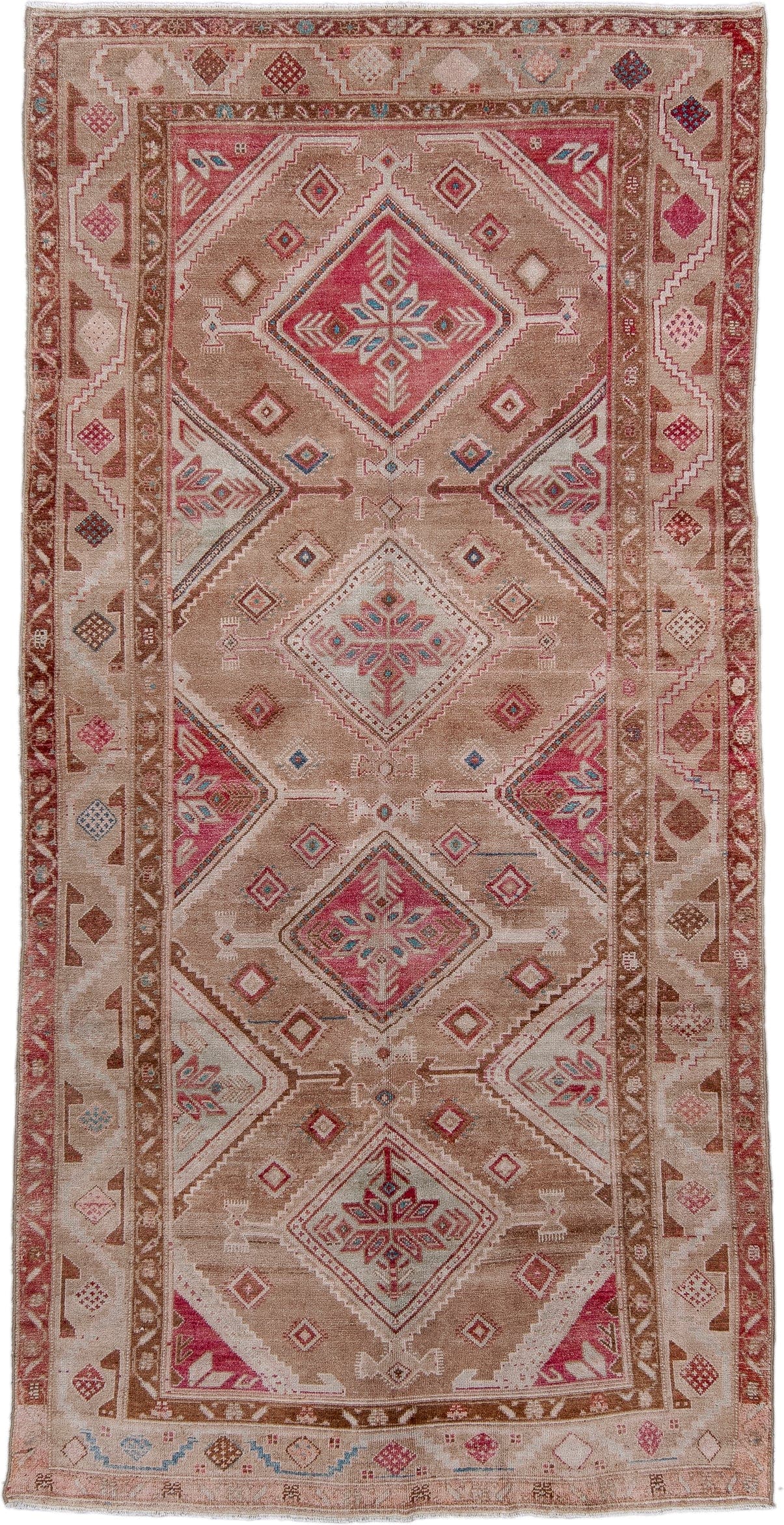 5' x 10' one-of-a-kind handmade antique Hamadan runner rug. Color palette: camel, rose, ivory, rust, taupe, sky blue, brown
