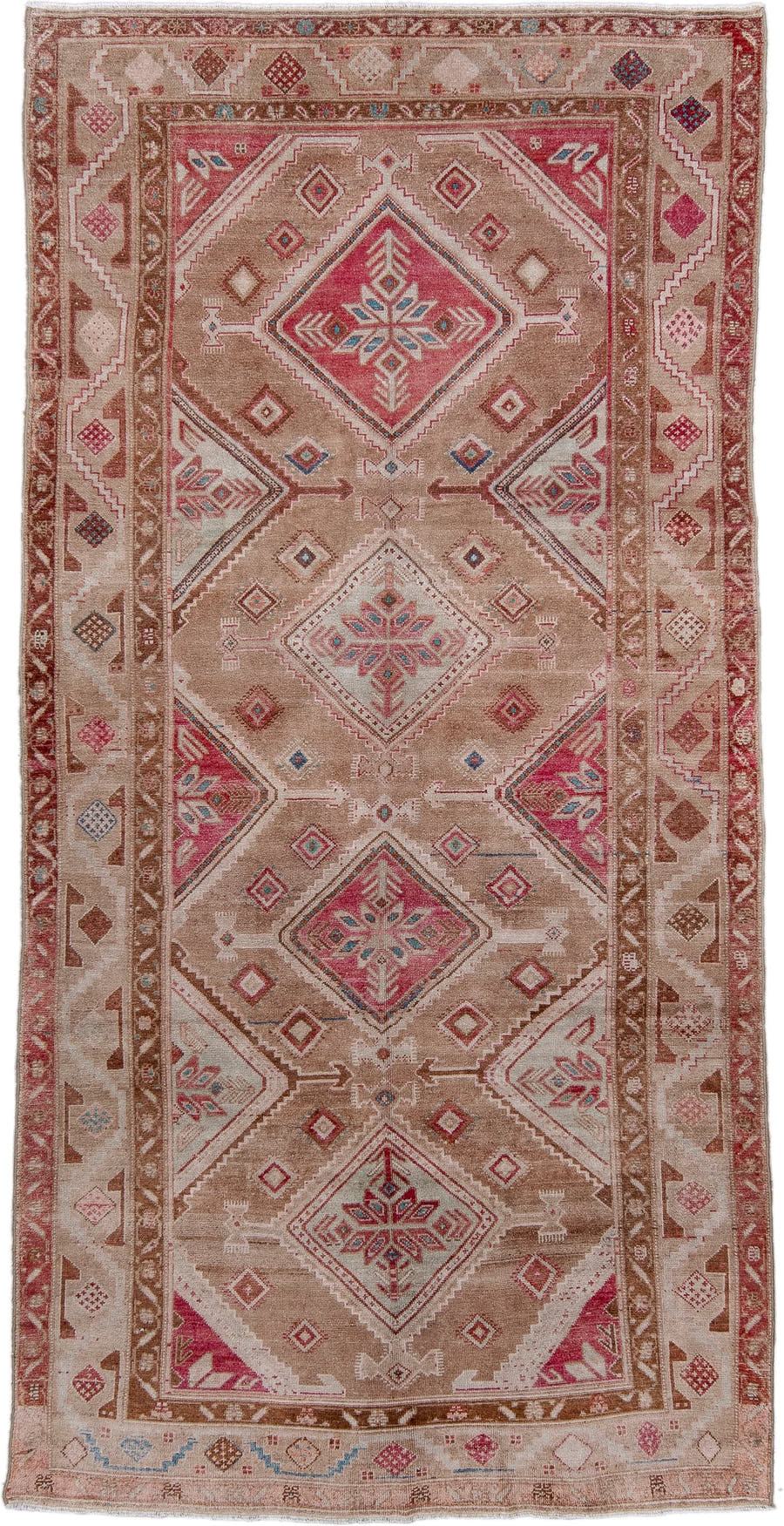 5' x 10' one-of-a-kind handmade antique Hamadan runner rug. Color palette: camel, rose, ivory, rust, taupe, sky blue, brown