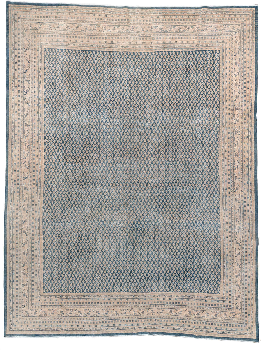 8' x 11' one-of-a-kind handmade antique Mir large size rug. Color palette: ivory, blue, slate, cream, taupe, gray, beige