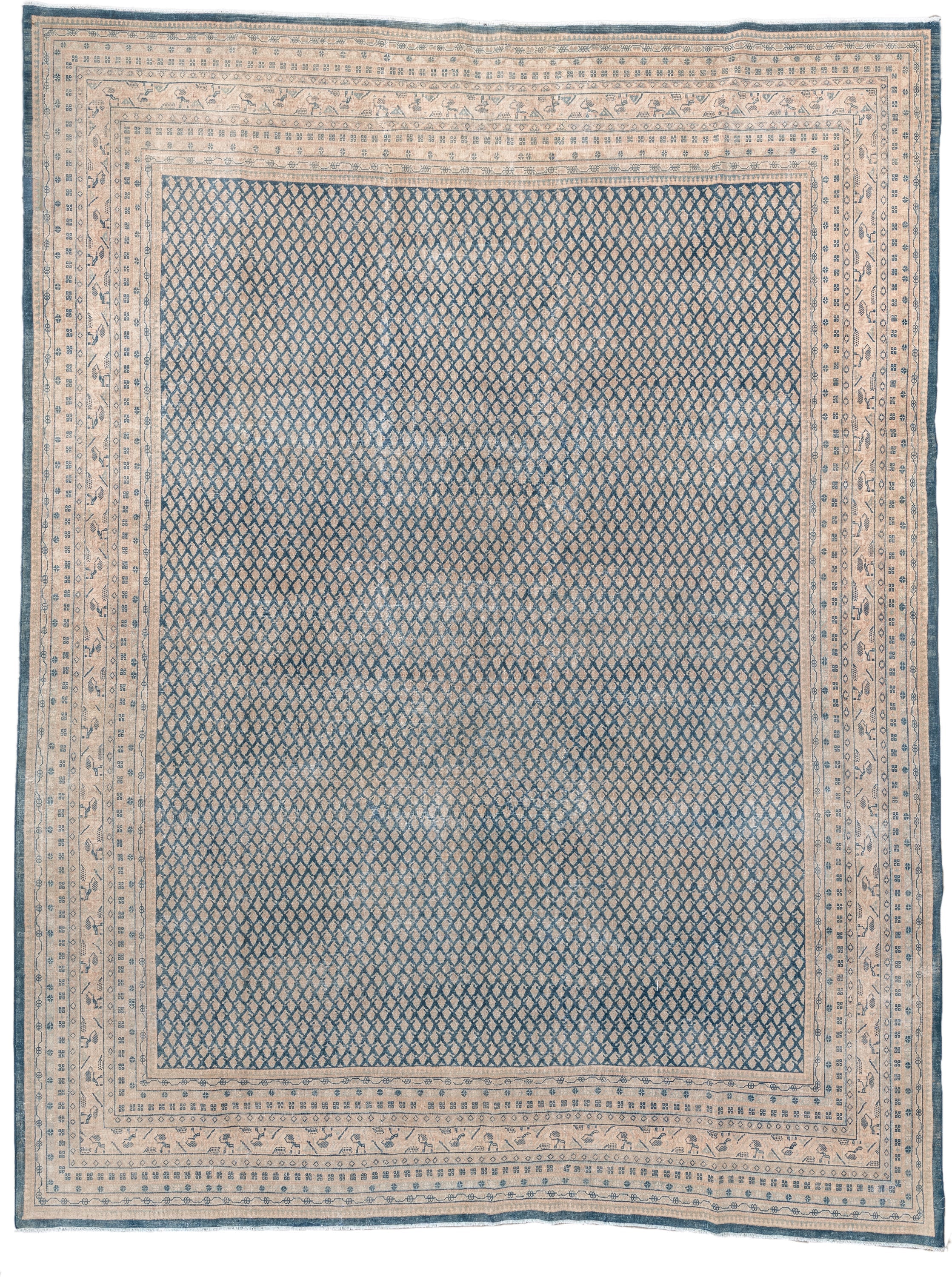 8' x 11' one-of-a-kind handmade antique Mir large size rug. Color palette: ivory, blue, slate, cream, taupe, gray, beige