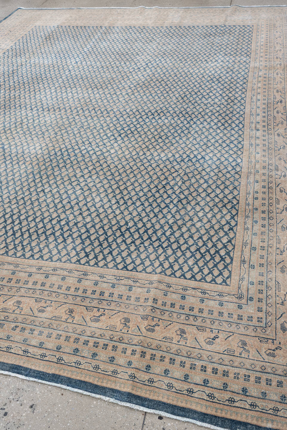 8' x 11' one-of-a-kind handmade antique Mir large size rug. Color palette: ivory, blue, slate, cream, taupe, gray, beige