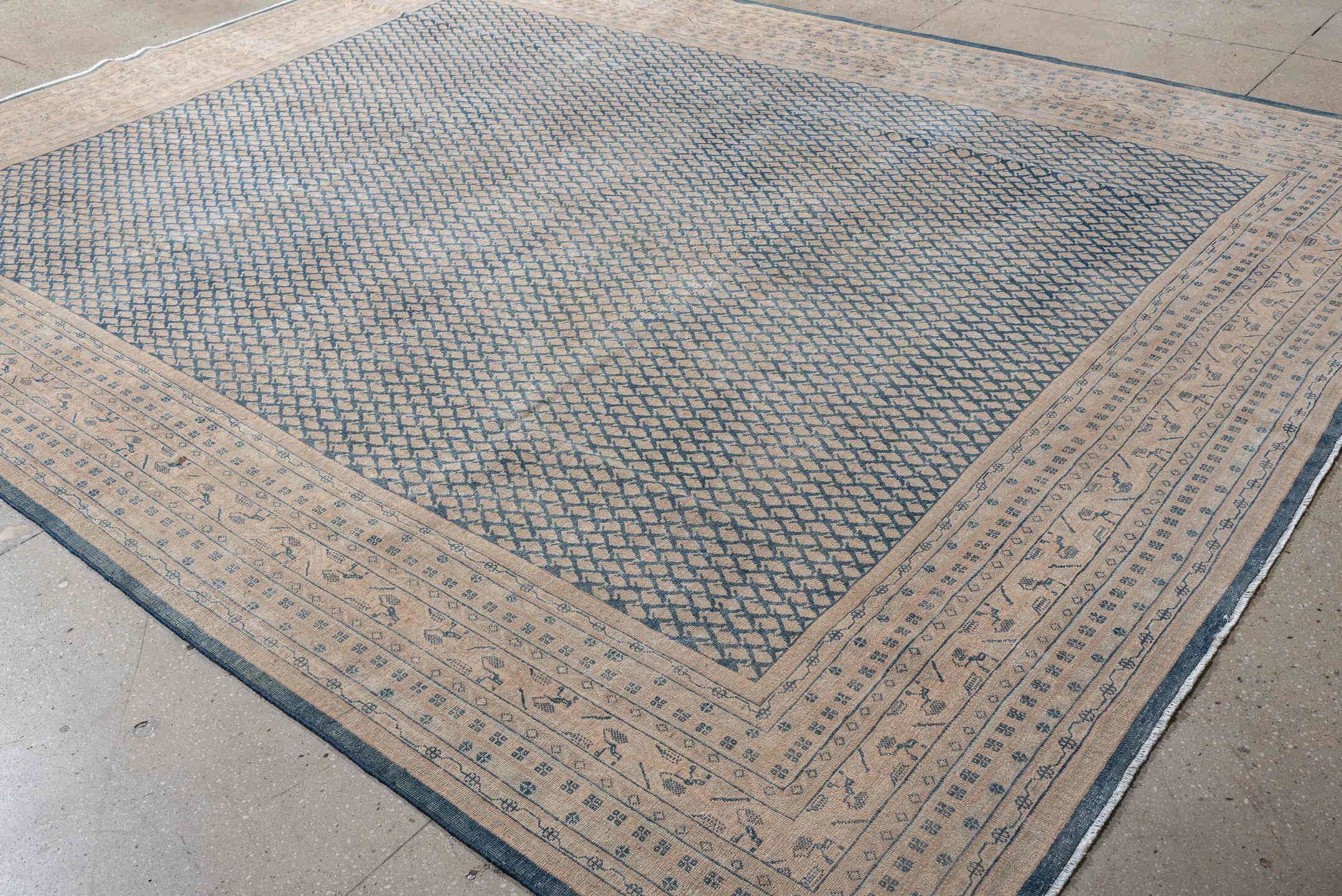 8' x 11' one-of-a-kind handmade antique Mir large size rug. Color palette: ivory, blue, slate, cream, taupe, gray, beige
