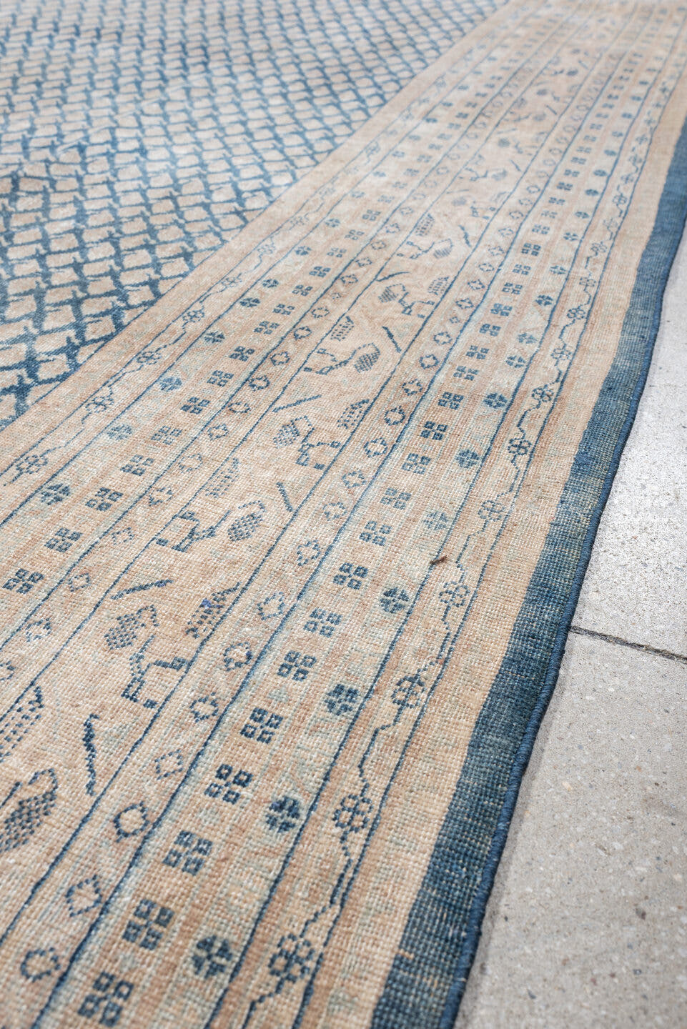 8' x 11' one-of-a-kind handmade antique Mir large size rug. Color palette: ivory, blue, slate, cream, taupe, gray, beige