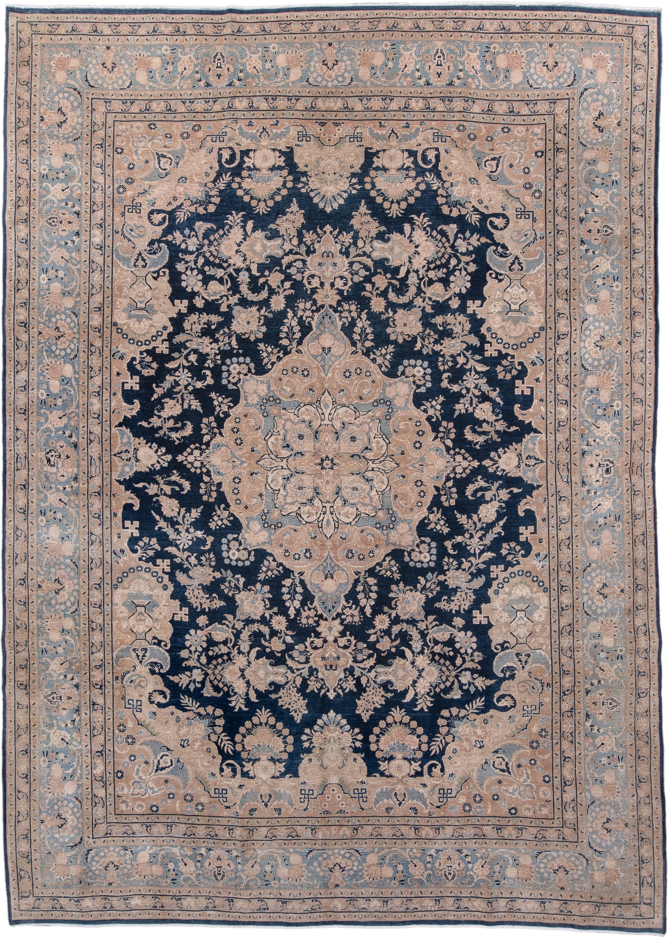 8' x 11' one-of-a-kind handmade antique Kerman large size rug. Color palette: navy, powder_blue, ivory, beige, taupe, slate