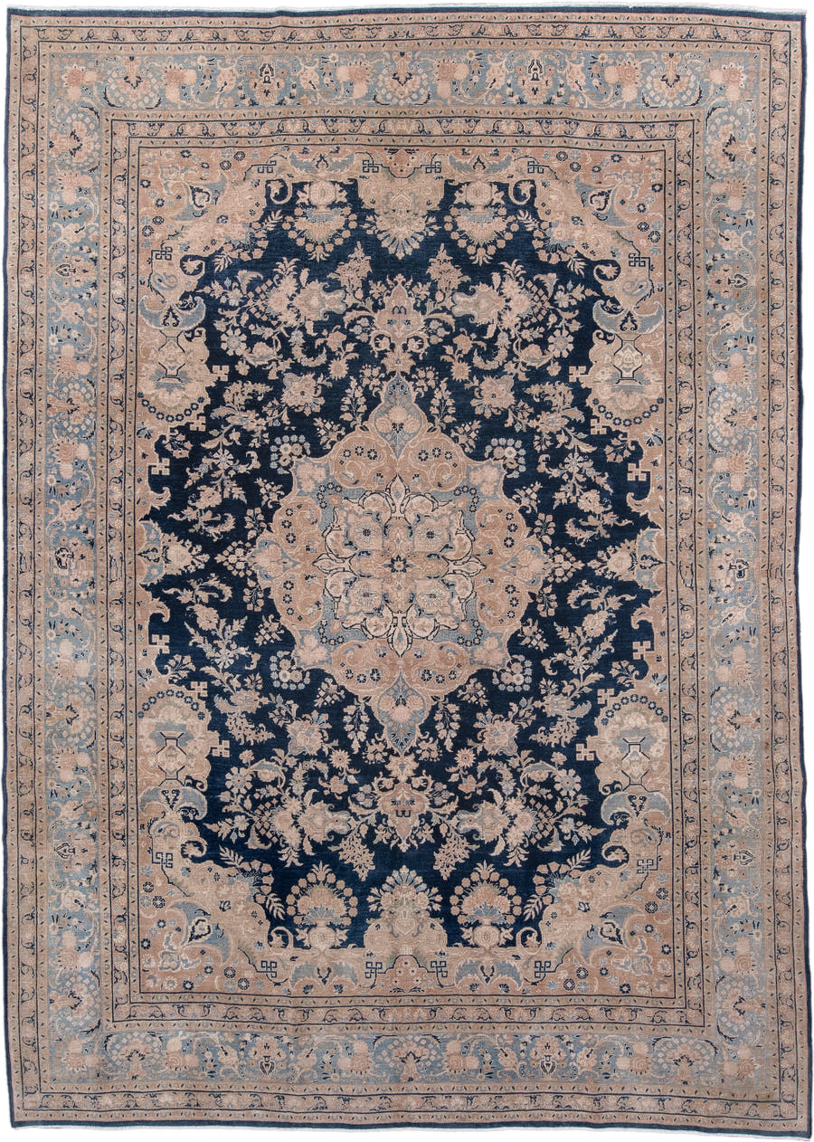 8' x 11' one-of-a-kind handmade antique Kerman large size rug. Color palette: navy, powder_blue, ivory, beige, taupe, slate