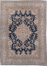 8' x 11' one-of-a-kind handmade antique Kerman large size rug. Color palette: navy, powder_blue, ivory, beige, taupe, slate