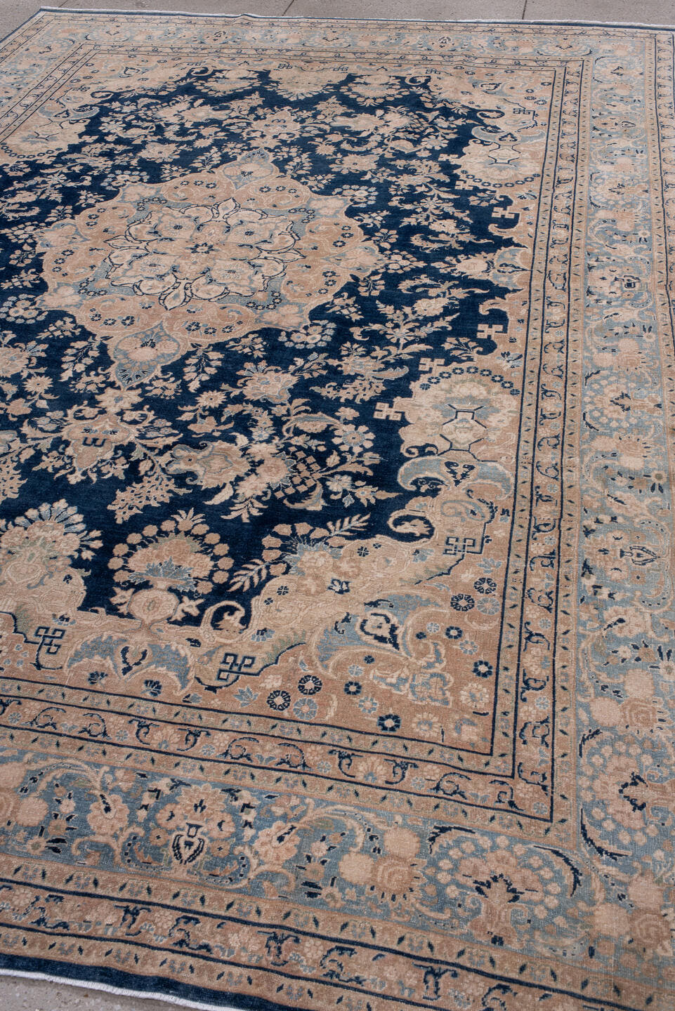 8' x 11' one-of-a-kind handmade antique Kerman large size rug. Color palette: navy, powder_blue, ivory, beige, taupe, slate