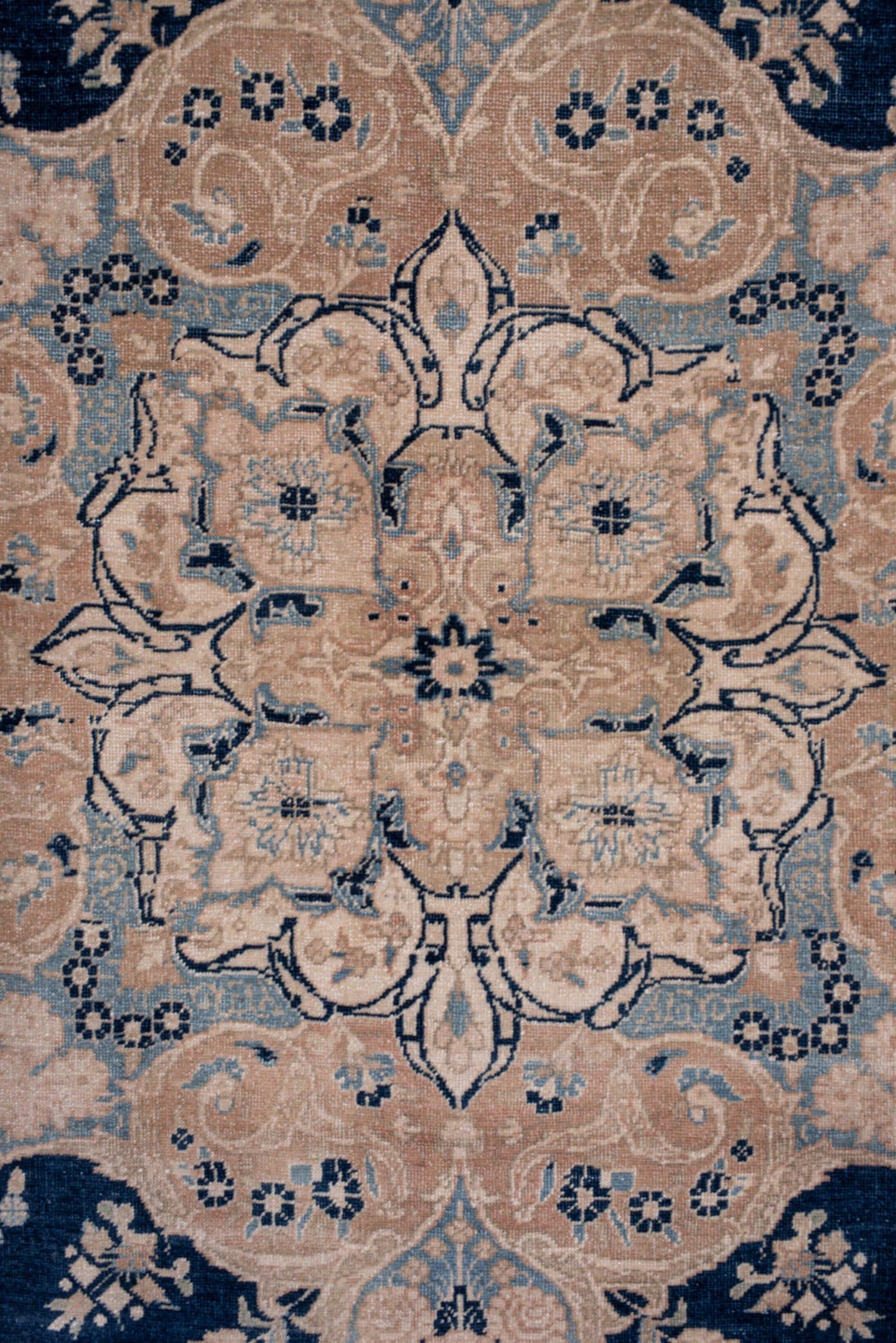 8' x 11' one-of-a-kind handmade antique Kerman large size rug. Color palette: navy, powder_blue, ivory, beige, taupe, slate