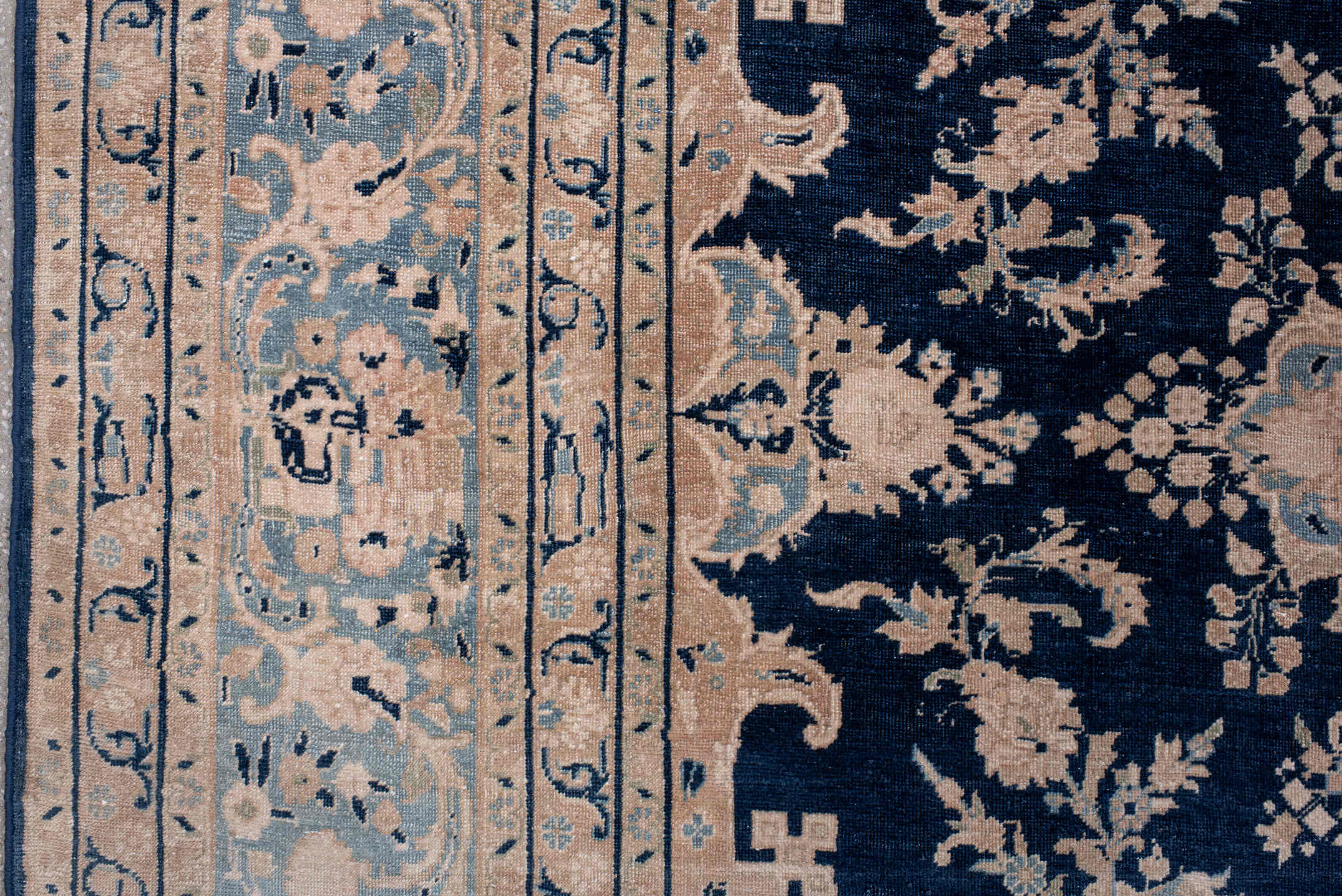 8' x 11' one-of-a-kind handmade antique Kerman large size rug. Color palette: navy, powder_blue, ivory, beige, taupe, slate