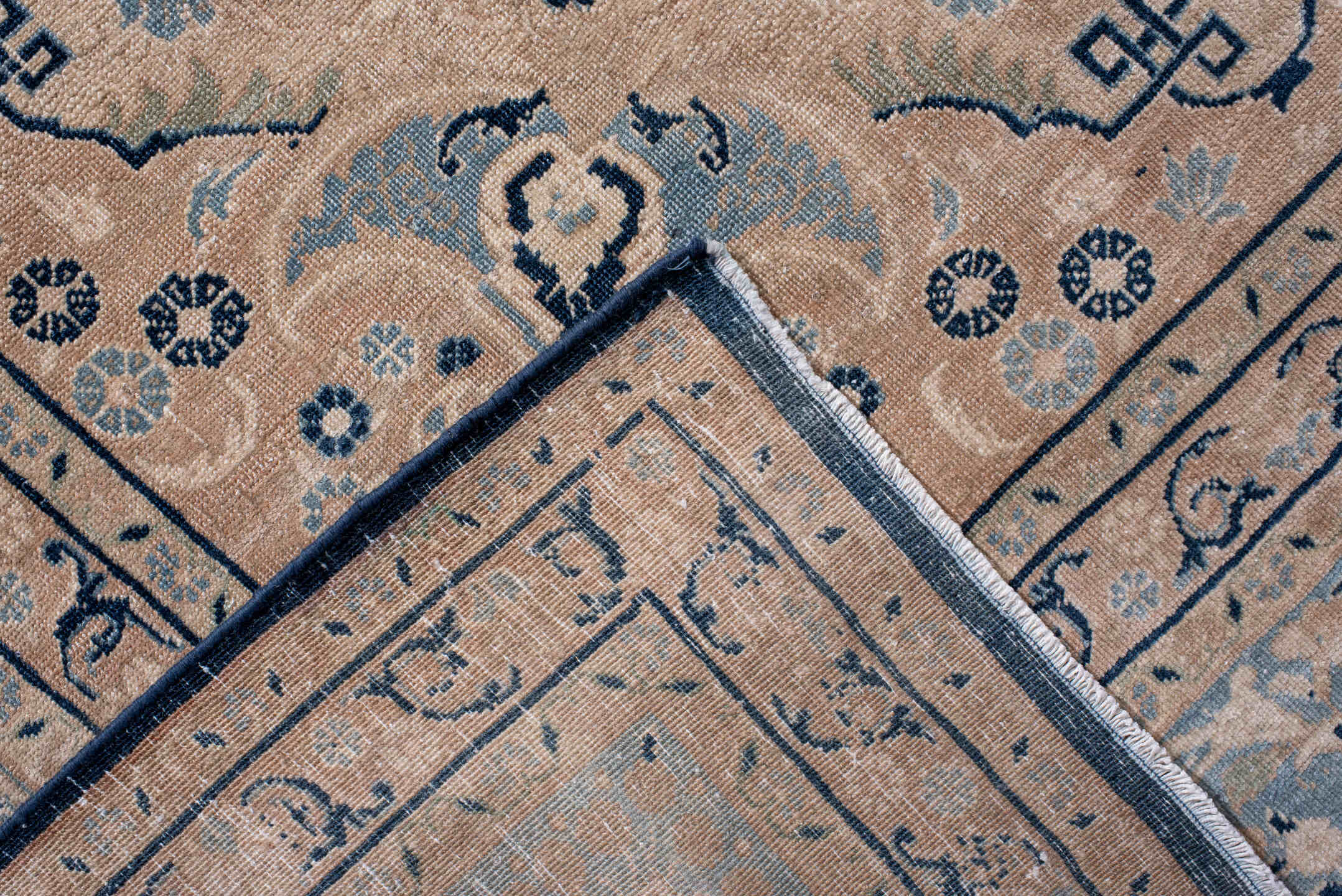 8' x 11' one-of-a-kind handmade antique Kerman large size rug. Color palette: navy, powder_blue, ivory, beige, taupe, slate