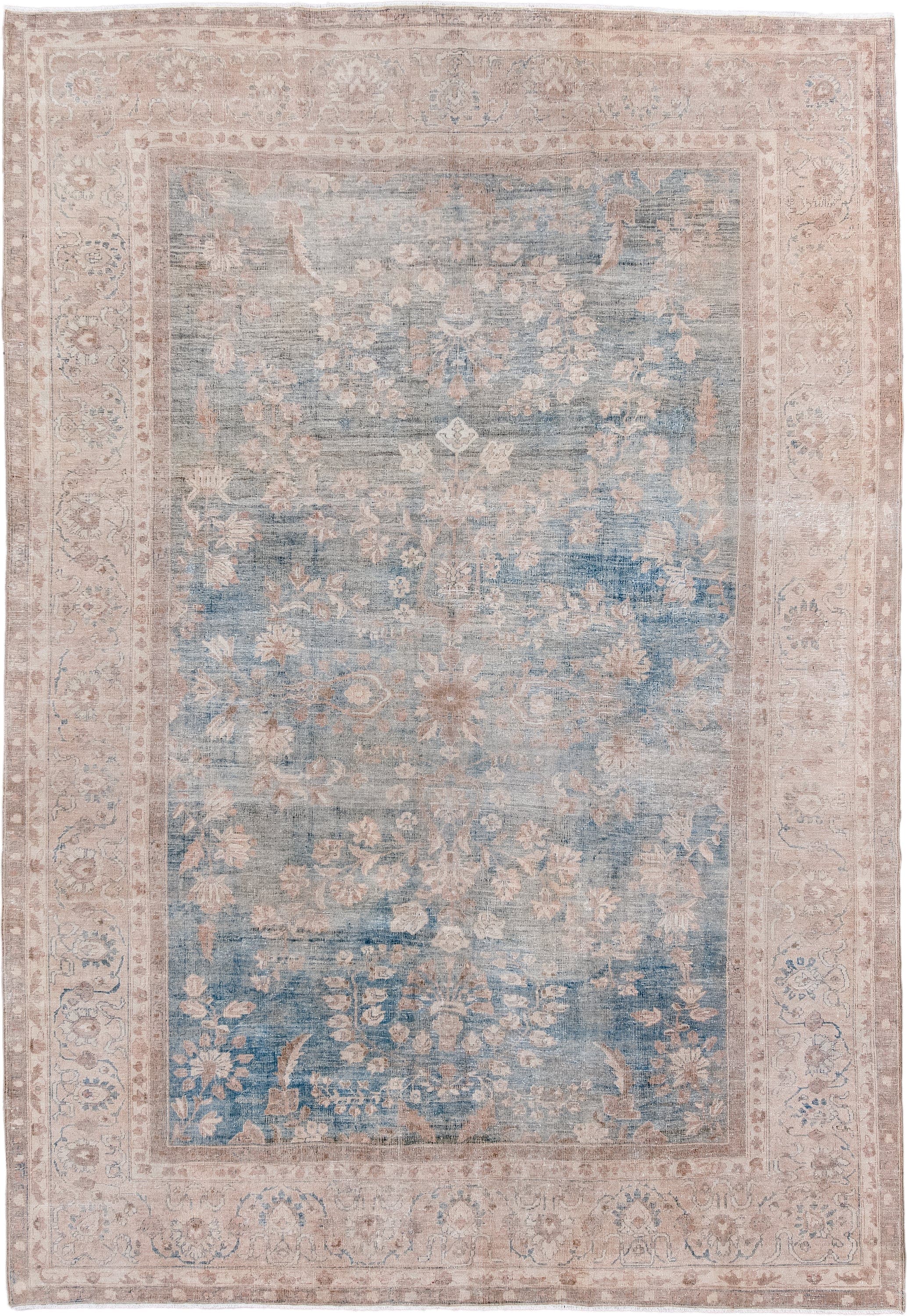 7' x 10' one-of-a-kind handmade antique Tabriz large size rug. Color palette: ivory, powder blue, blush, taupe, pale rose