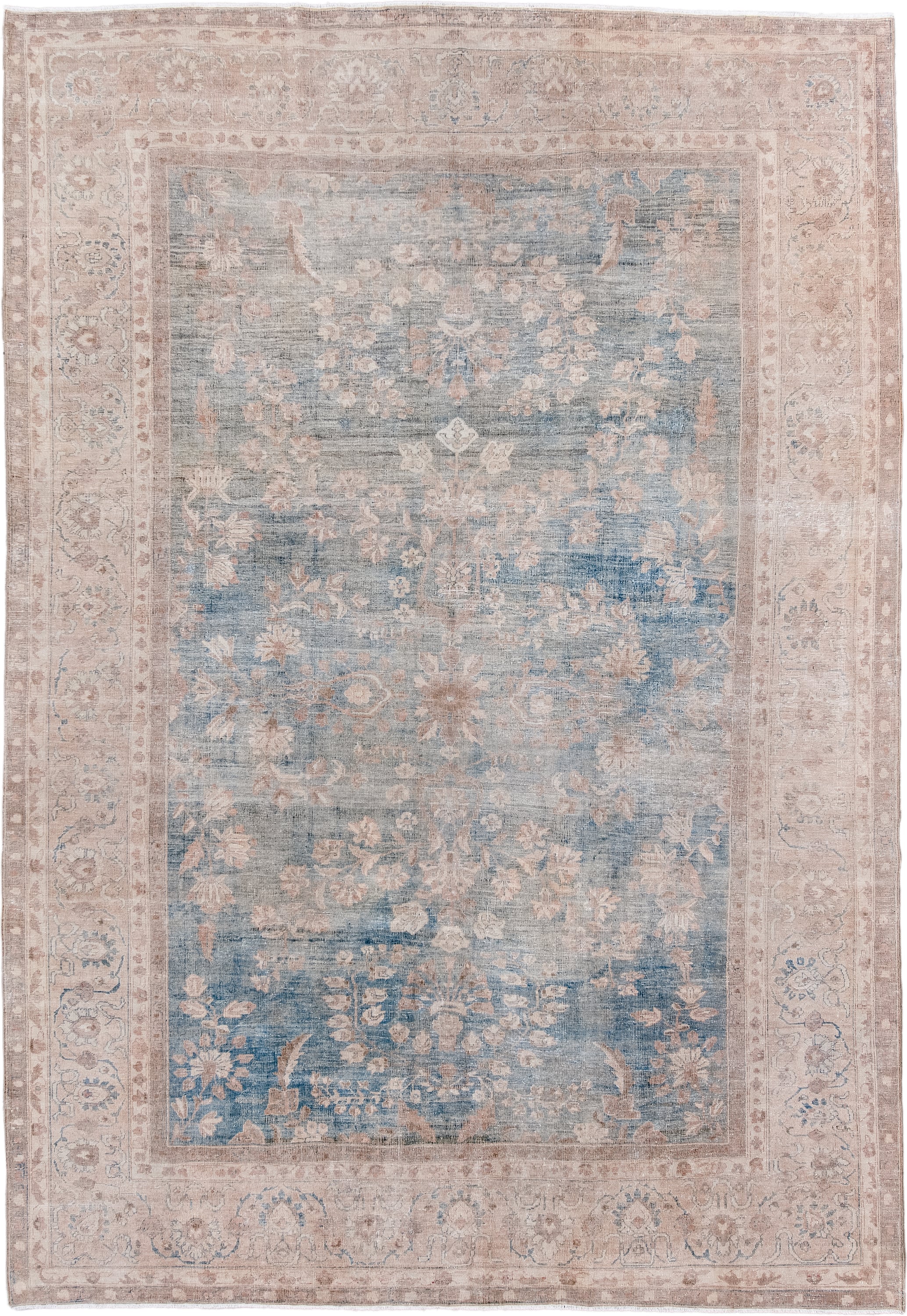 7' x 10' one-of-a-kind handmade antique Tabriz large size rug. Color palette: ivory, powder blue, blush, taupe, pale rose