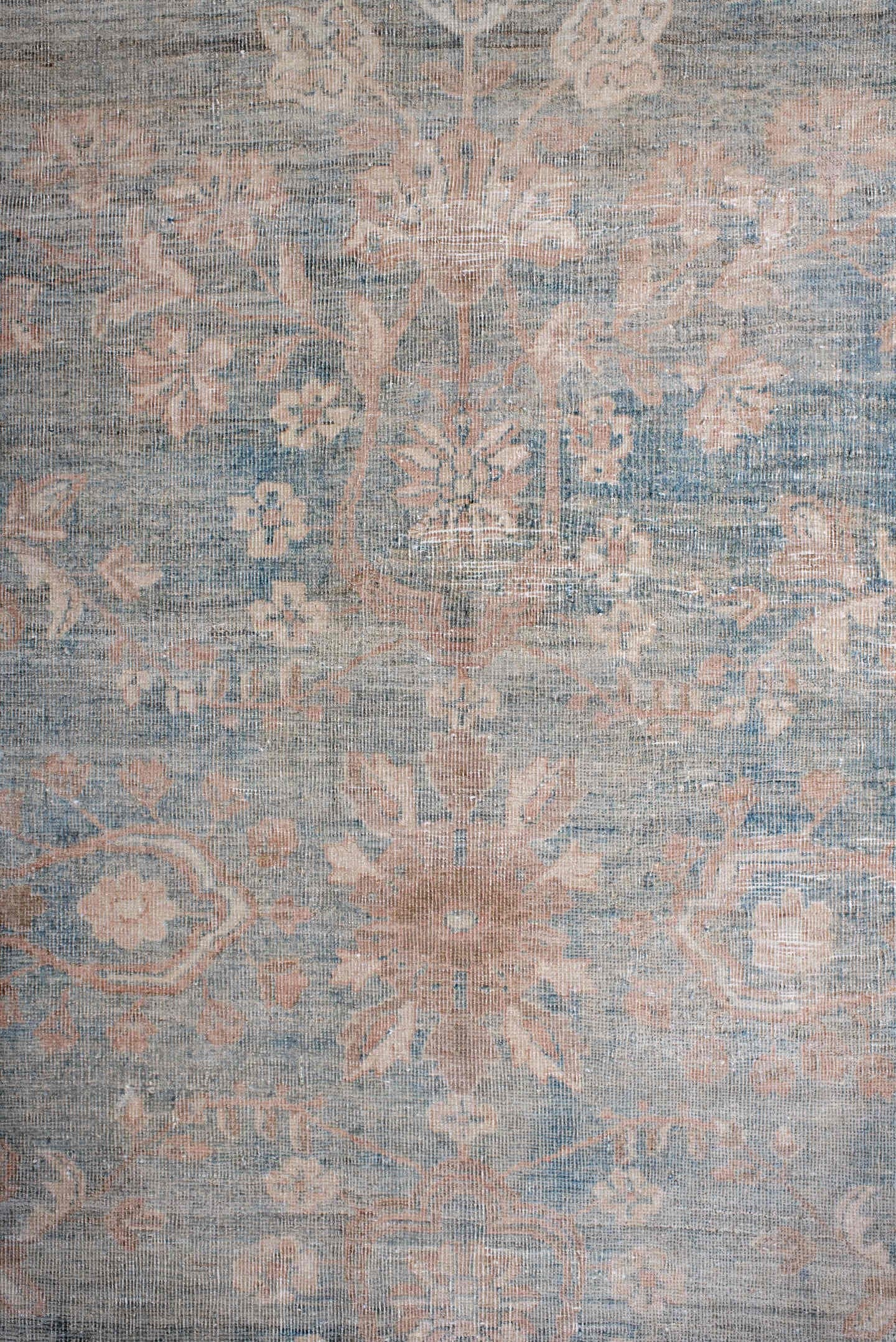 7' x 10' one-of-a-kind handmade antique Tabriz large size rug. Color palette: ivory, powder blue, blush, taupe, pale rose