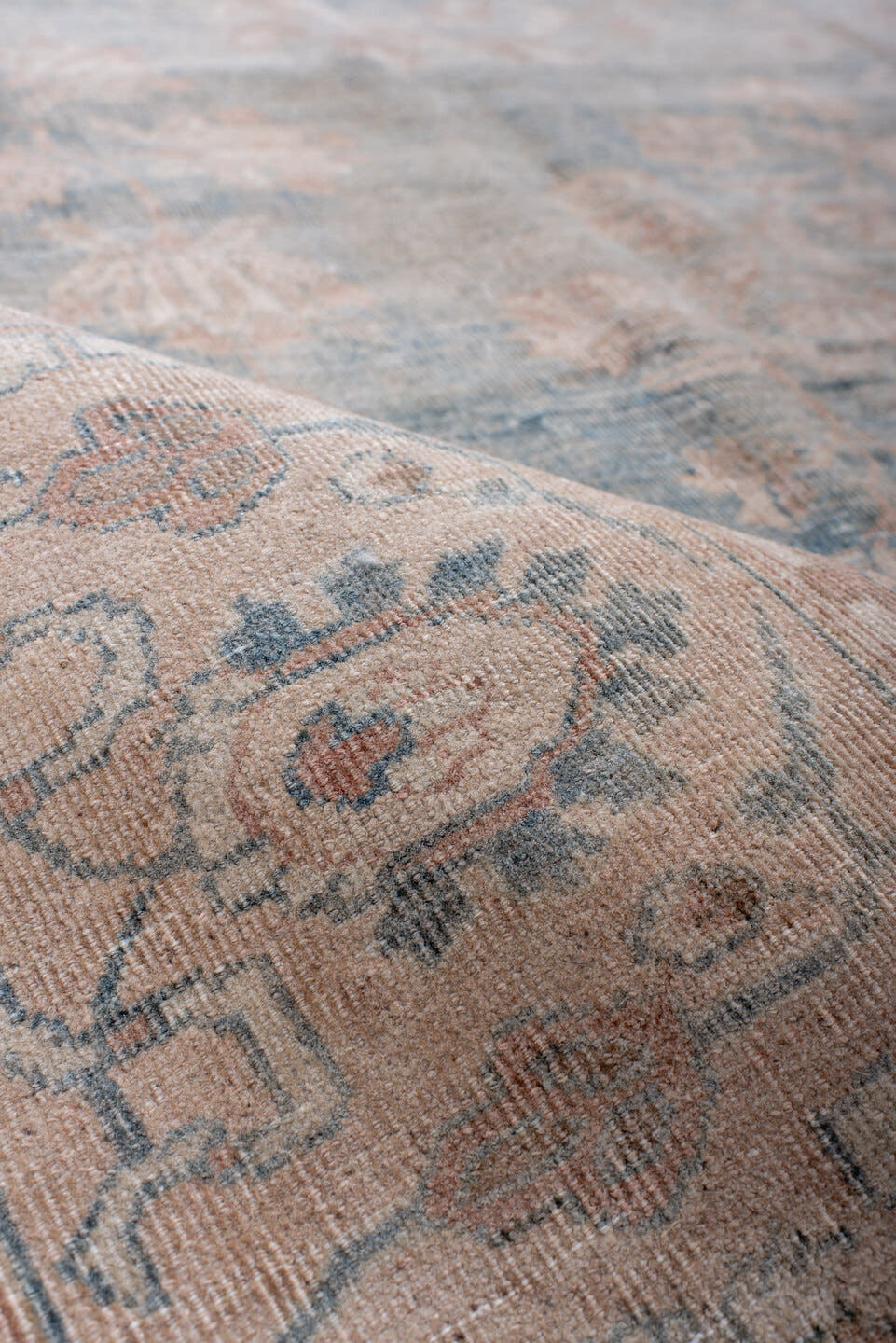 7' x 10' one-of-a-kind handmade antique Tabriz large size rug. Color palette: ivory, powder blue, blush, taupe, pale rose