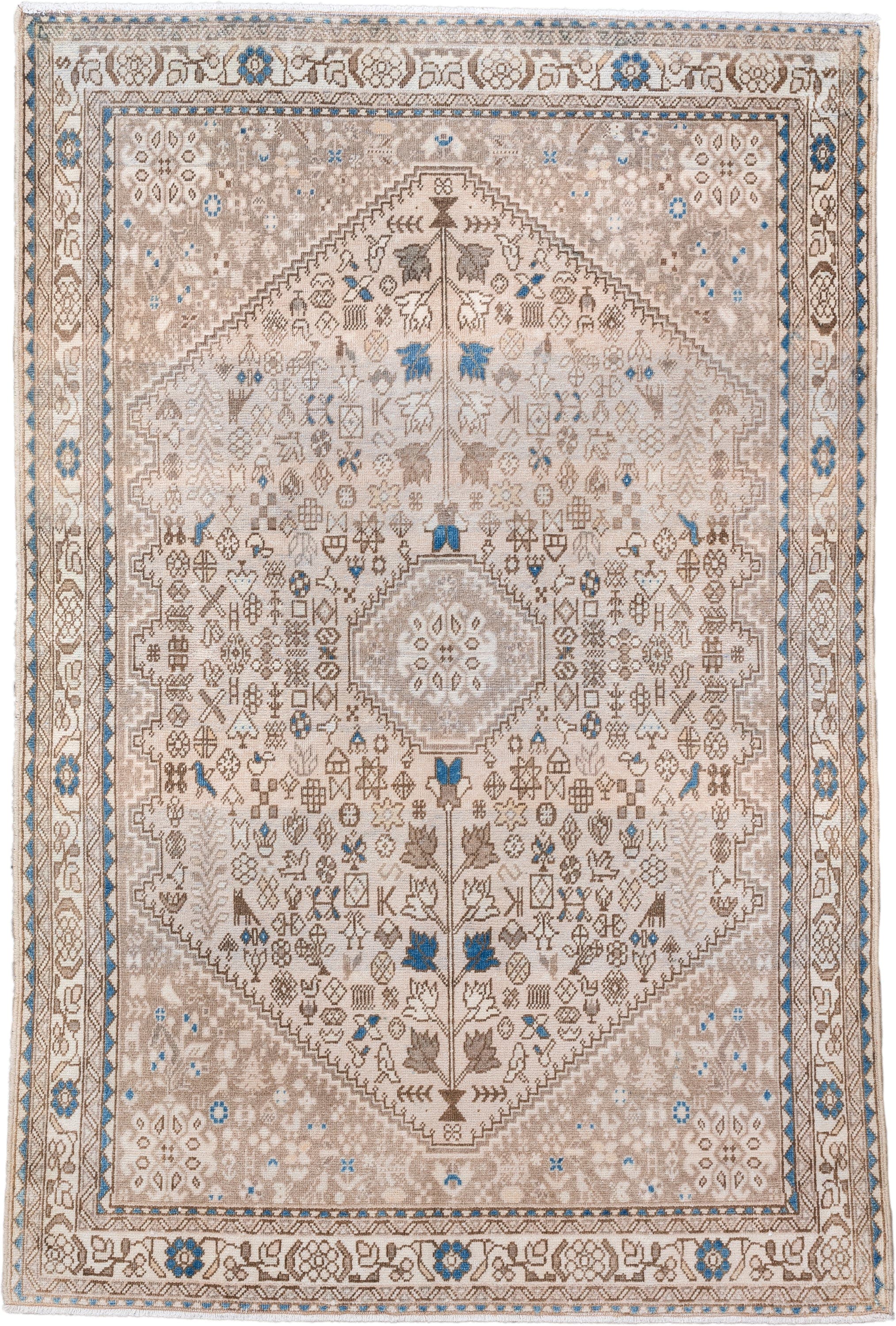 3' x 5' one-of-a-kind handmade vintage Joshegan small size rug. Color palette: taupe, ivory, sky blue, beige, brown, gray