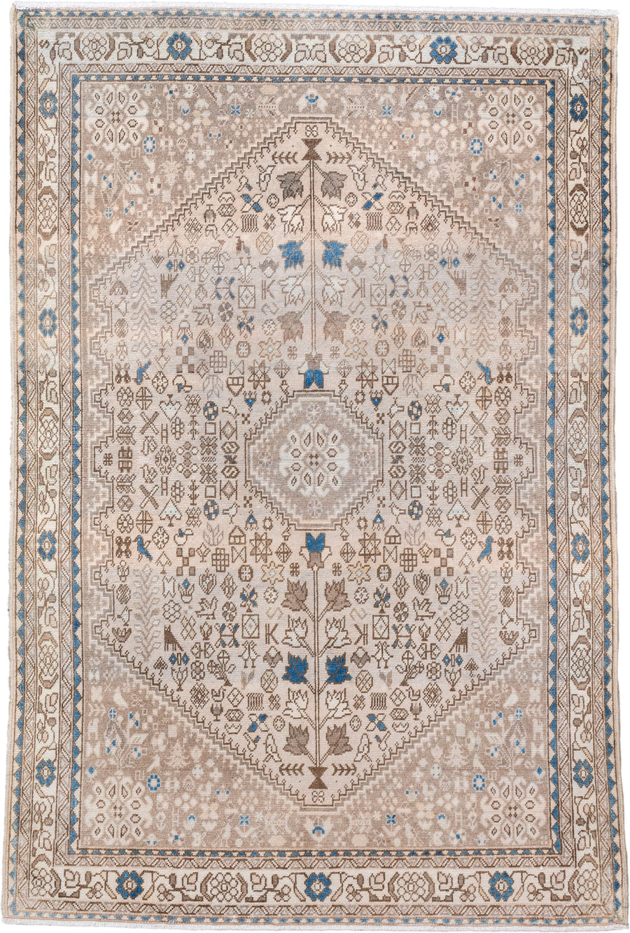 3' x 5' one-of-a-kind handmade vintage Joshegan small size rug. Color palette: taupe, ivory, sky blue, beige, brown, gray