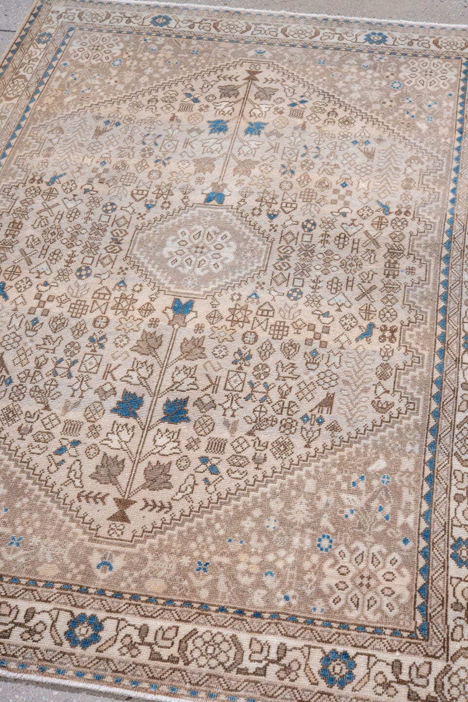 3' x 5' one-of-a-kind handmade vintage Joshegan small size rug. Color palette: taupe, ivory, sky blue, beige, brown, gray