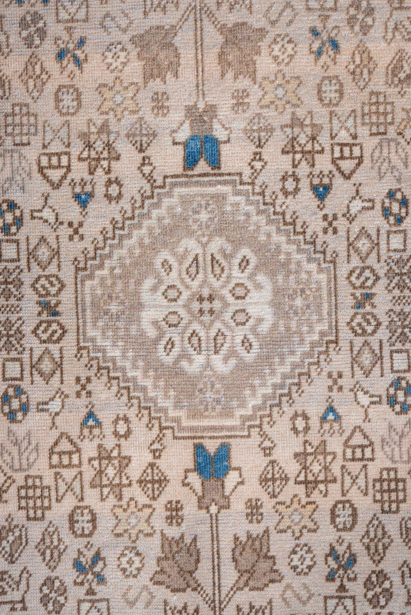 3' x 5' one-of-a-kind handmade vintage Joshegan small size rug. Color palette: taupe, ivory, sky blue, beige, brown, gray