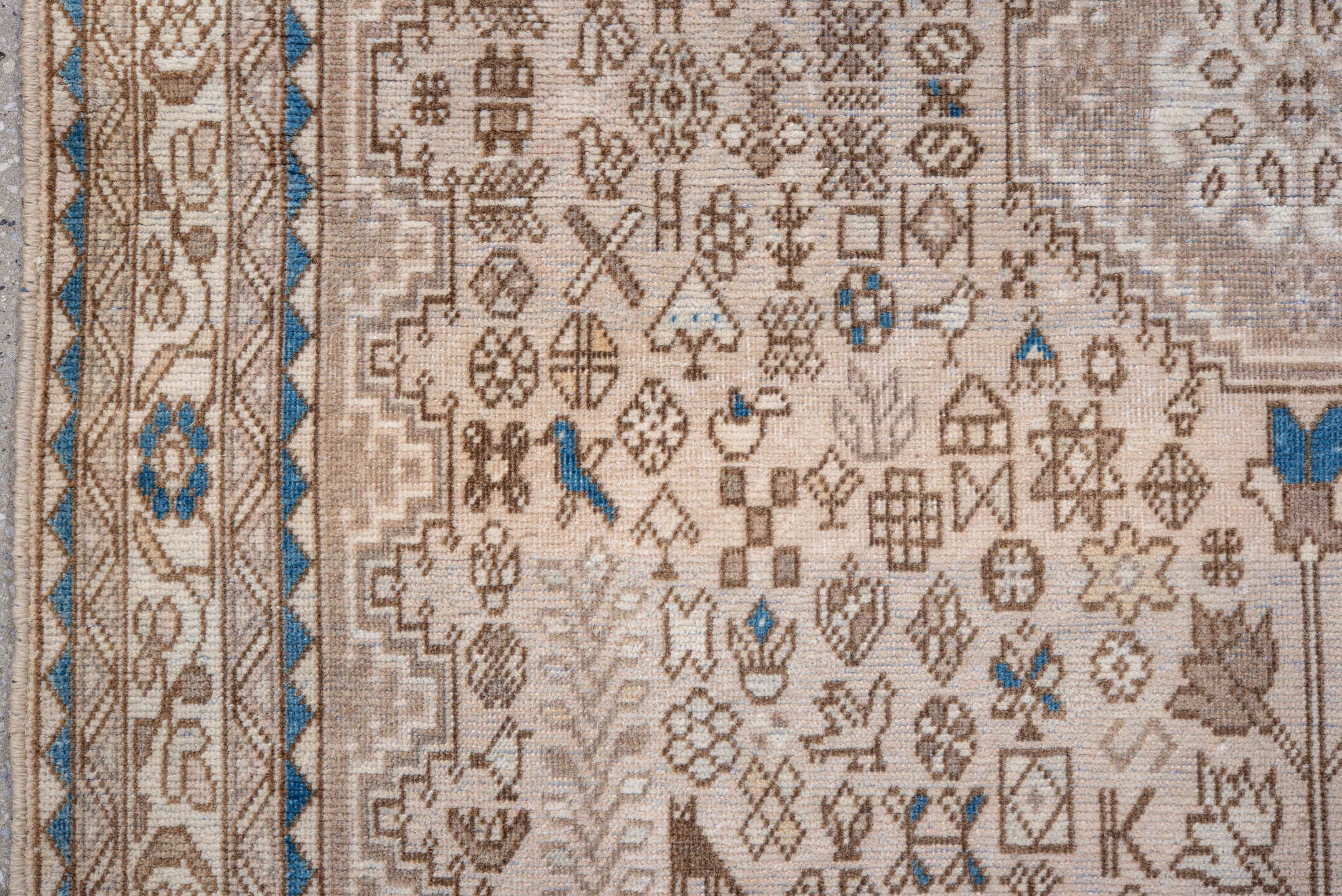 3' x 5' one-of-a-kind handmade vintage Joshegan small size rug. Color palette: taupe, ivory, sky blue, beige, brown, gray
