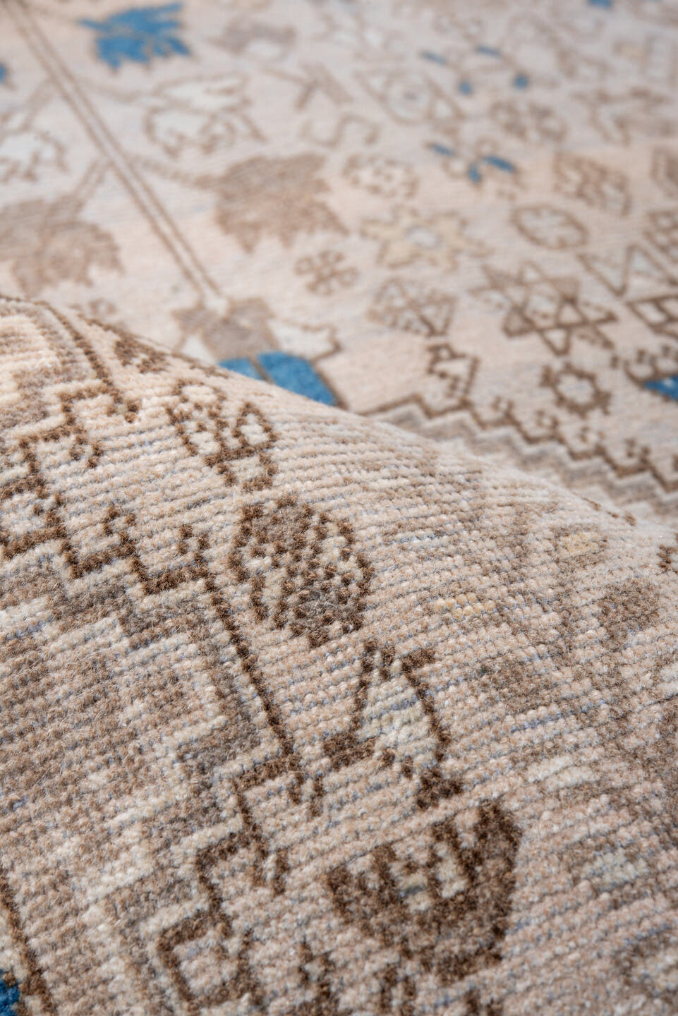 3' x 5' one-of-a-kind handmade vintage Joshegan small size rug. Color palette: taupe, ivory, sky blue, beige, brown, gray