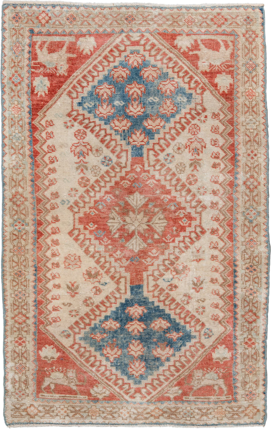 2' x 4' one-of-a-kind handmade antique Shiraz small size rug. Color palette: ivory, coral, sky blue, taupe, camel