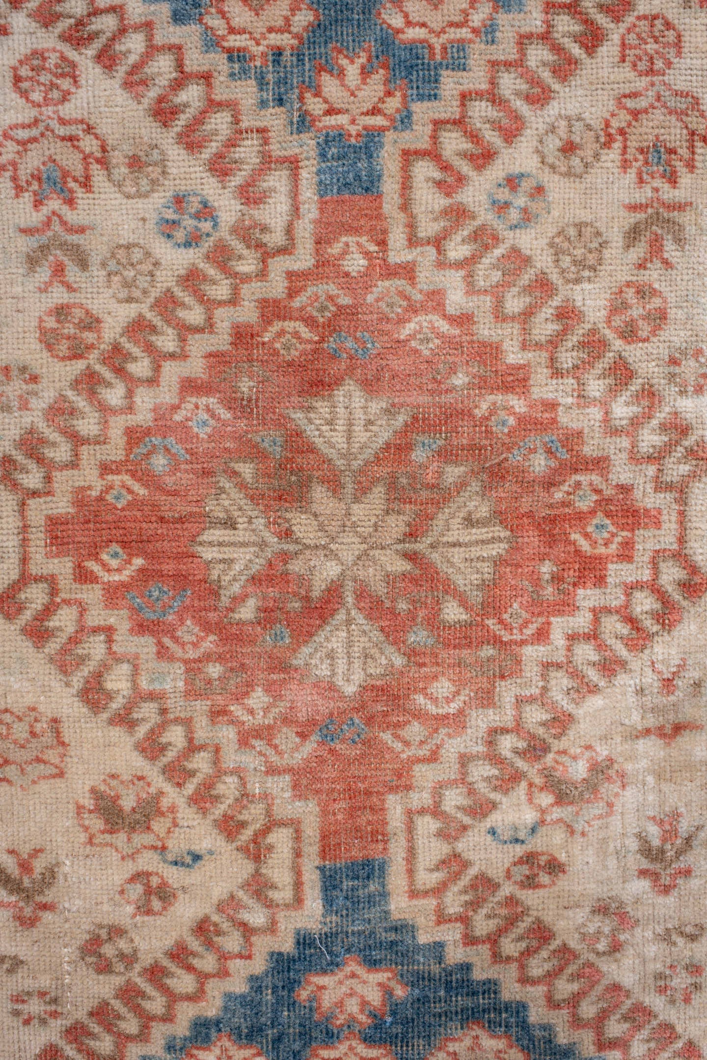 2' x 4' one-of-a-kind handmade antique Shiraz small size rug. Color palette: ivory, coral, sky blue, taupe, camel
