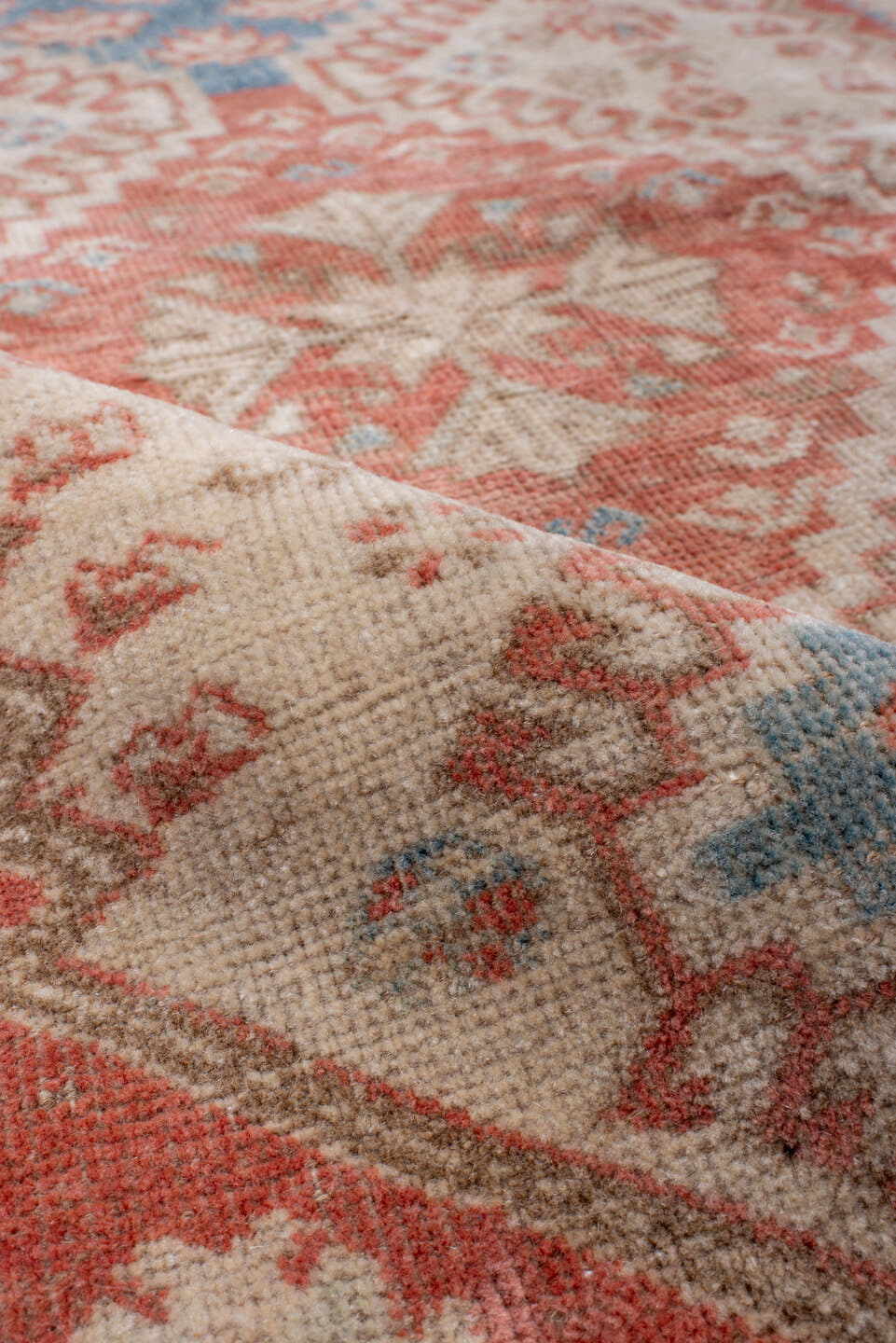 2' x 4' one-of-a-kind handmade antique Shiraz small size rug. Color palette: ivory, coral, sky blue, taupe, camel