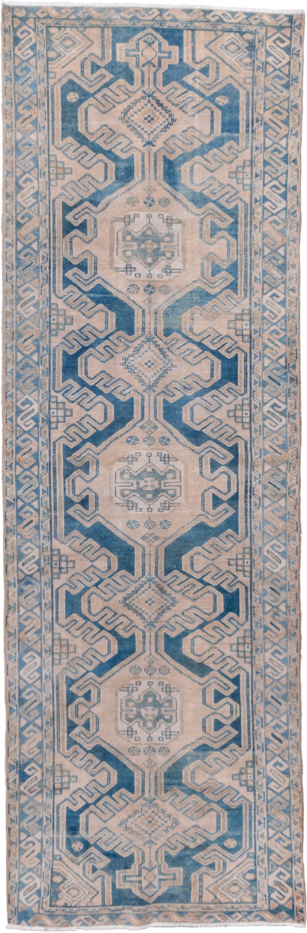 3' x 9' one-of-a-kind handmade vintage Malayer runner rug. Color palette: ivory, sky blue, slate blue, taupe, beige