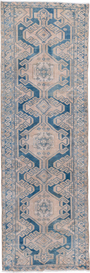 3' x 9' one-of-a-kind handmade vintage Malayer runner rug. Color palette: ivory, sky blue, slate blue, taupe, beige