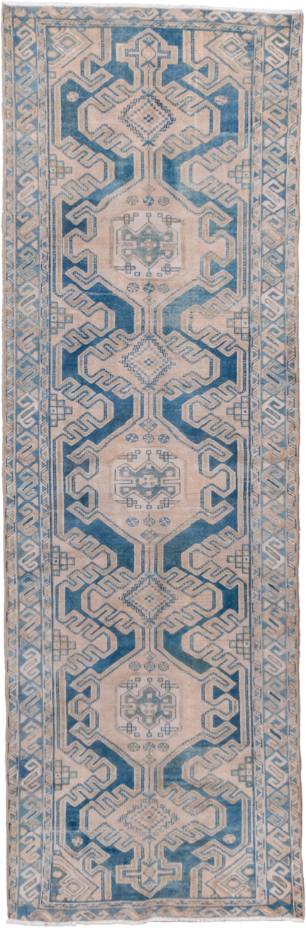 3' x 9' one-of-a-kind handmade vintage Malayer runner rug. Color palette: ivory, sky blue, slate blue, taupe, beige