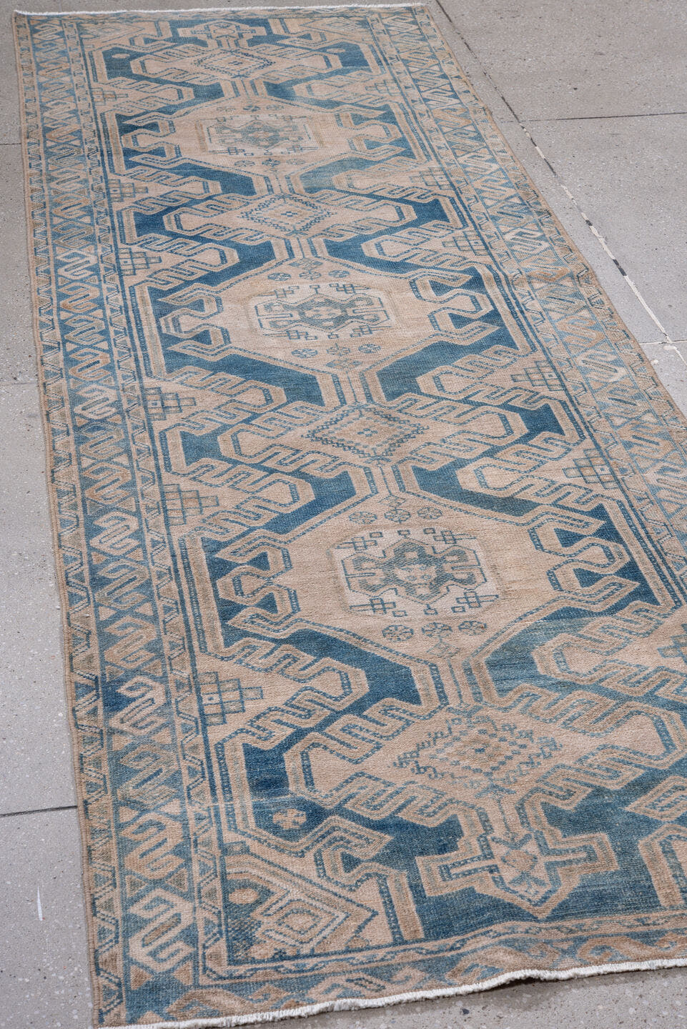 3' x 9' one-of-a-kind handmade vintage Malayer runner rug. Color palette: ivory, sky blue, slate blue, taupe, beige