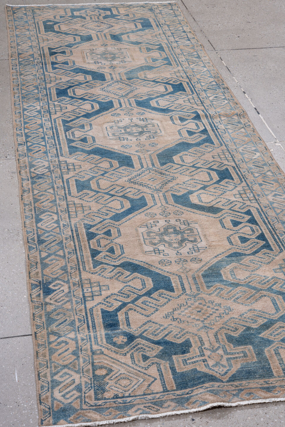 3' x 9' one-of-a-kind handmade vintage Malayer runner rug. Color palette: ivory, sky blue, slate blue, taupe, beige